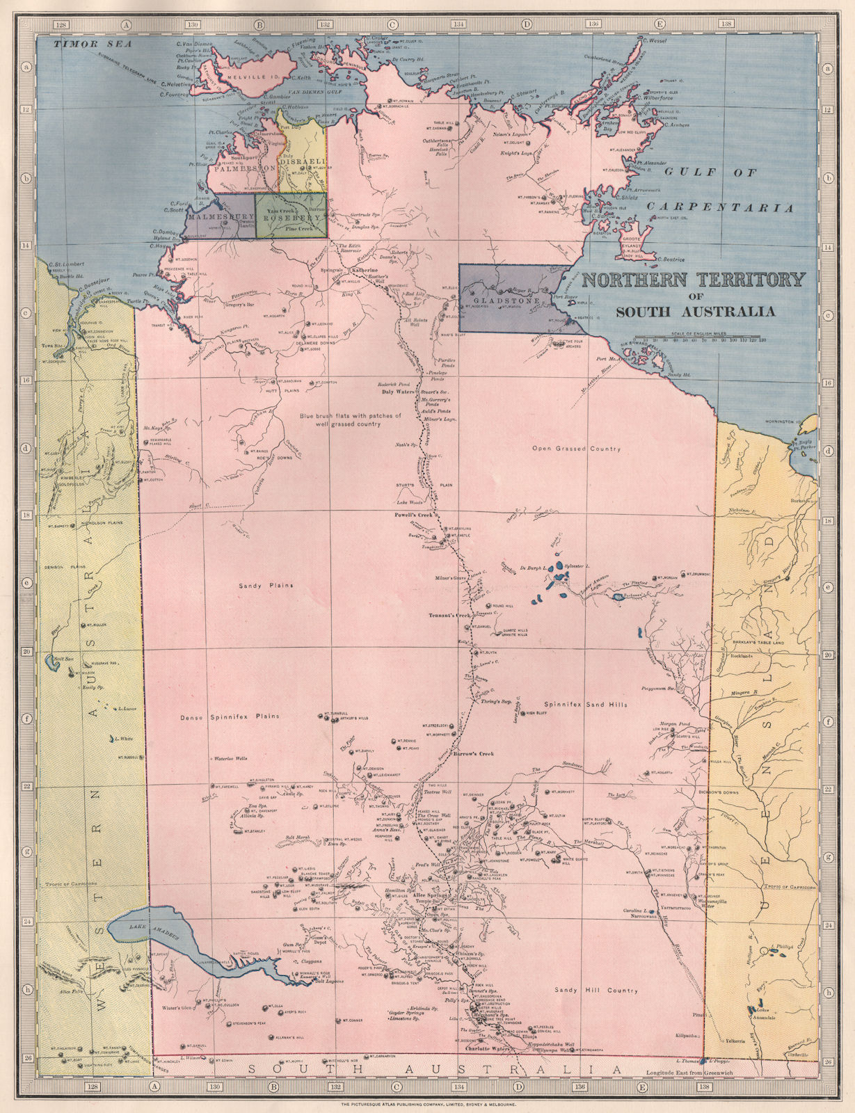 NORTHERN TERRITORY of South Australia.5 counties.Telegraph line.GARRAN 1888 map