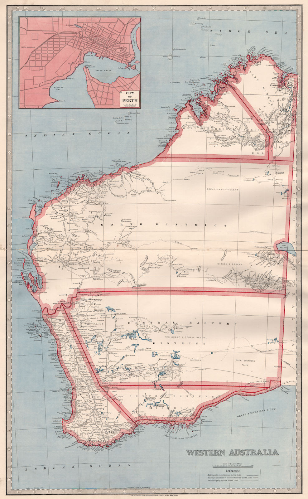 WESTERN AUSTRALIA. Explorers' routes. Planned trans-Oz railway. GARRAN 1888 map