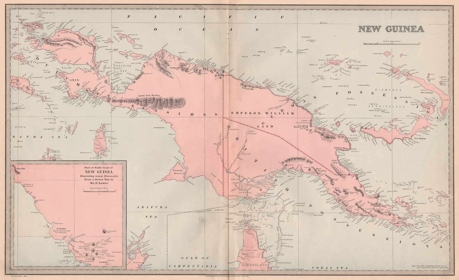 Large NEW GUINEA map reflecting 1885 RGSA/Lawes expedition for GARRAN 1888