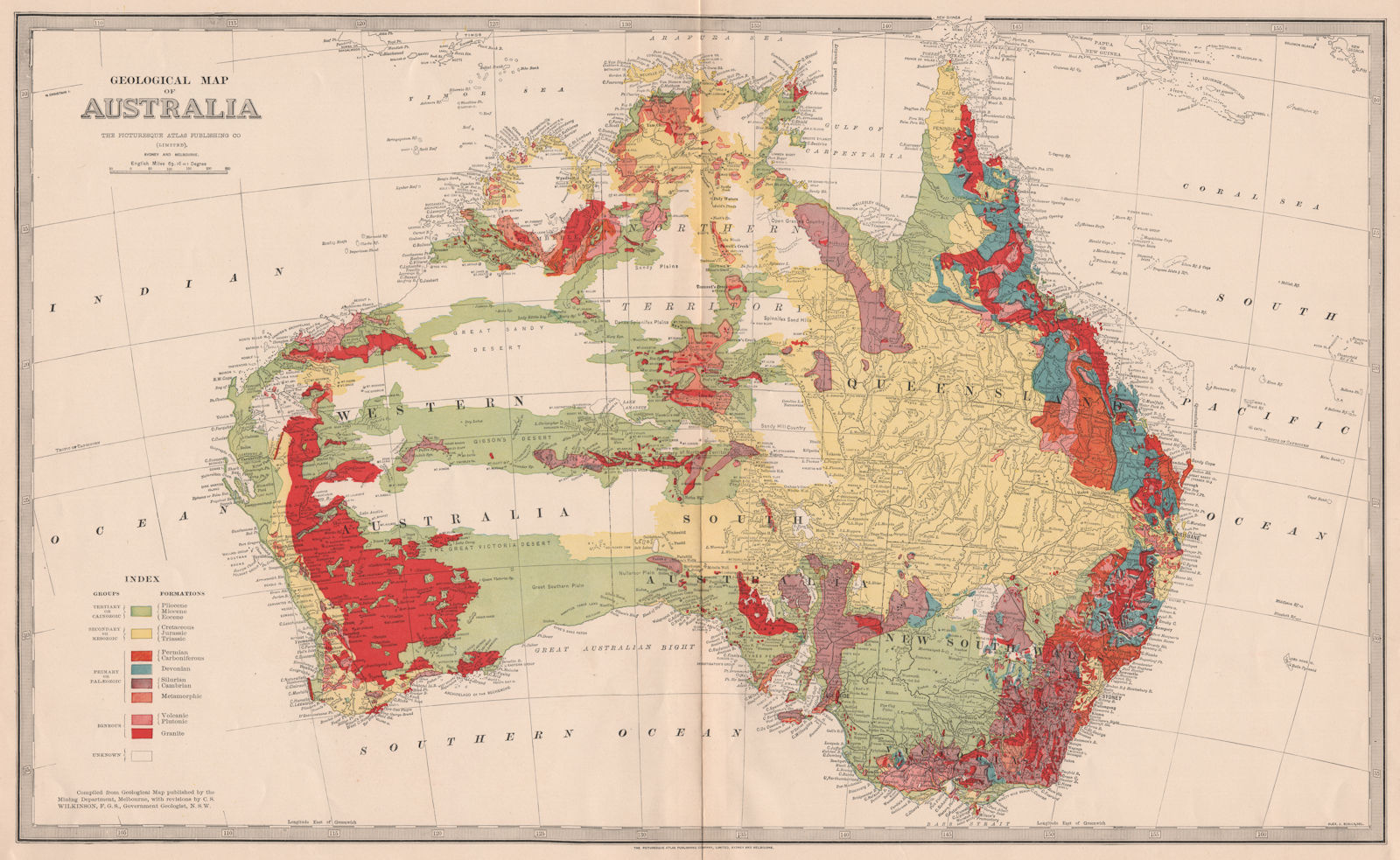 Large 'GEOLOGICAL MAP OF AUSTRALIA' by WILKINSON for GARRAN 1888 old