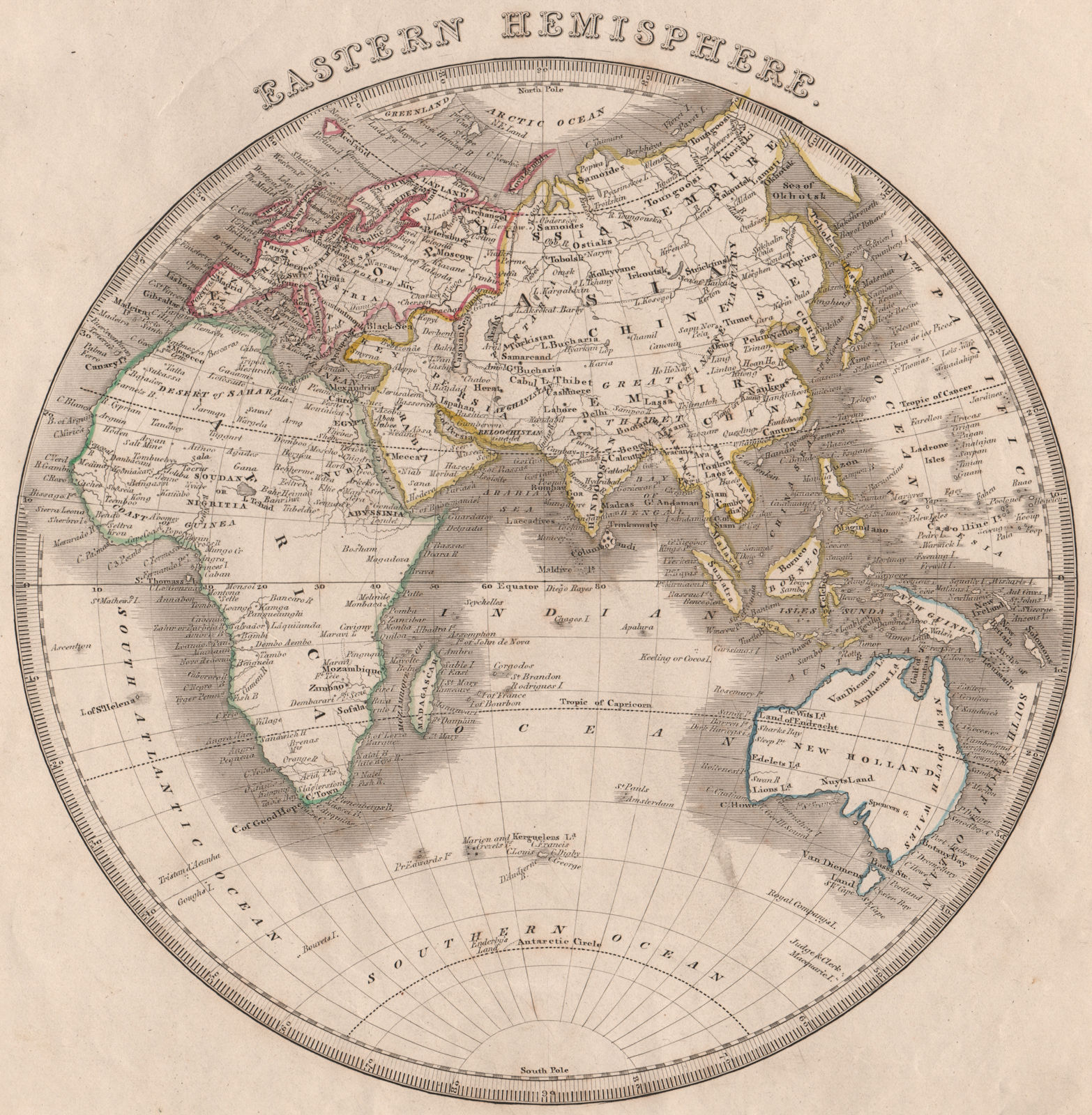 EASTERN HEMISPHERE. New Holland Siam Nubia Hindoostan Persia. JOHNSON 1850 map