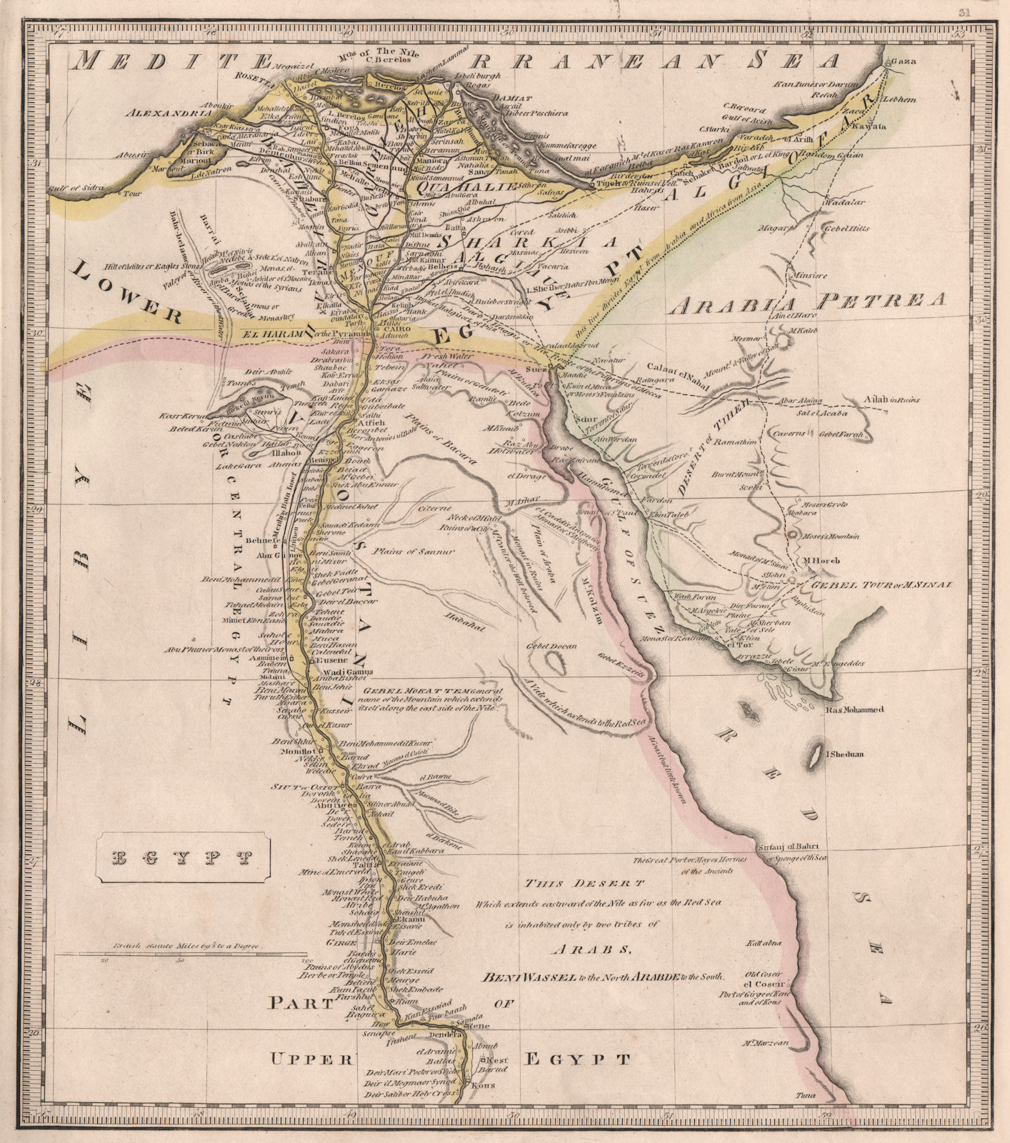 EGYPT. Nile valley. Hajj route. Sinai. Gaza. Original colour. JOHNSON 1850 map