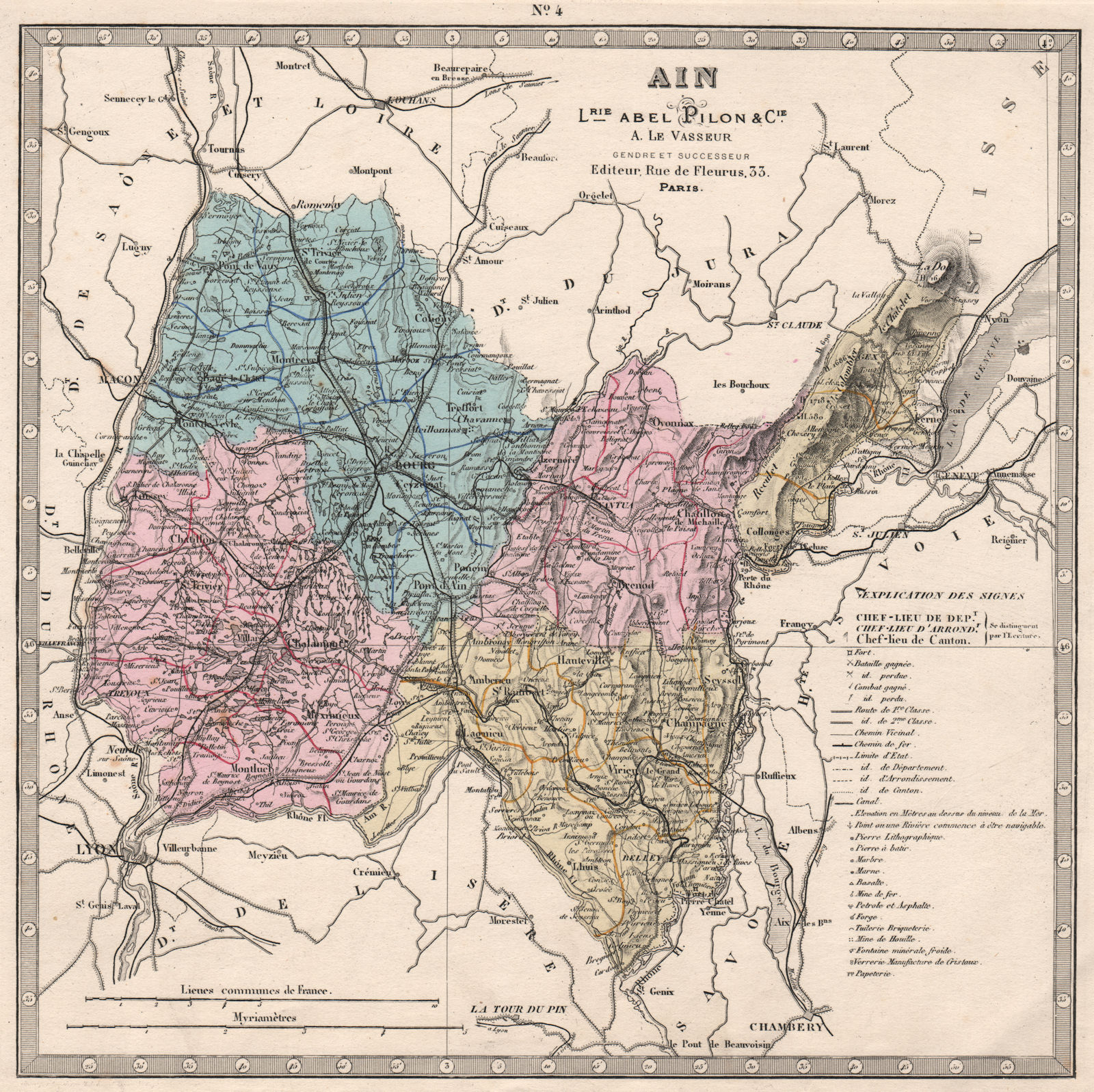 AIN department showing resources & minerals. LE VASSEUR 1876 old antique map