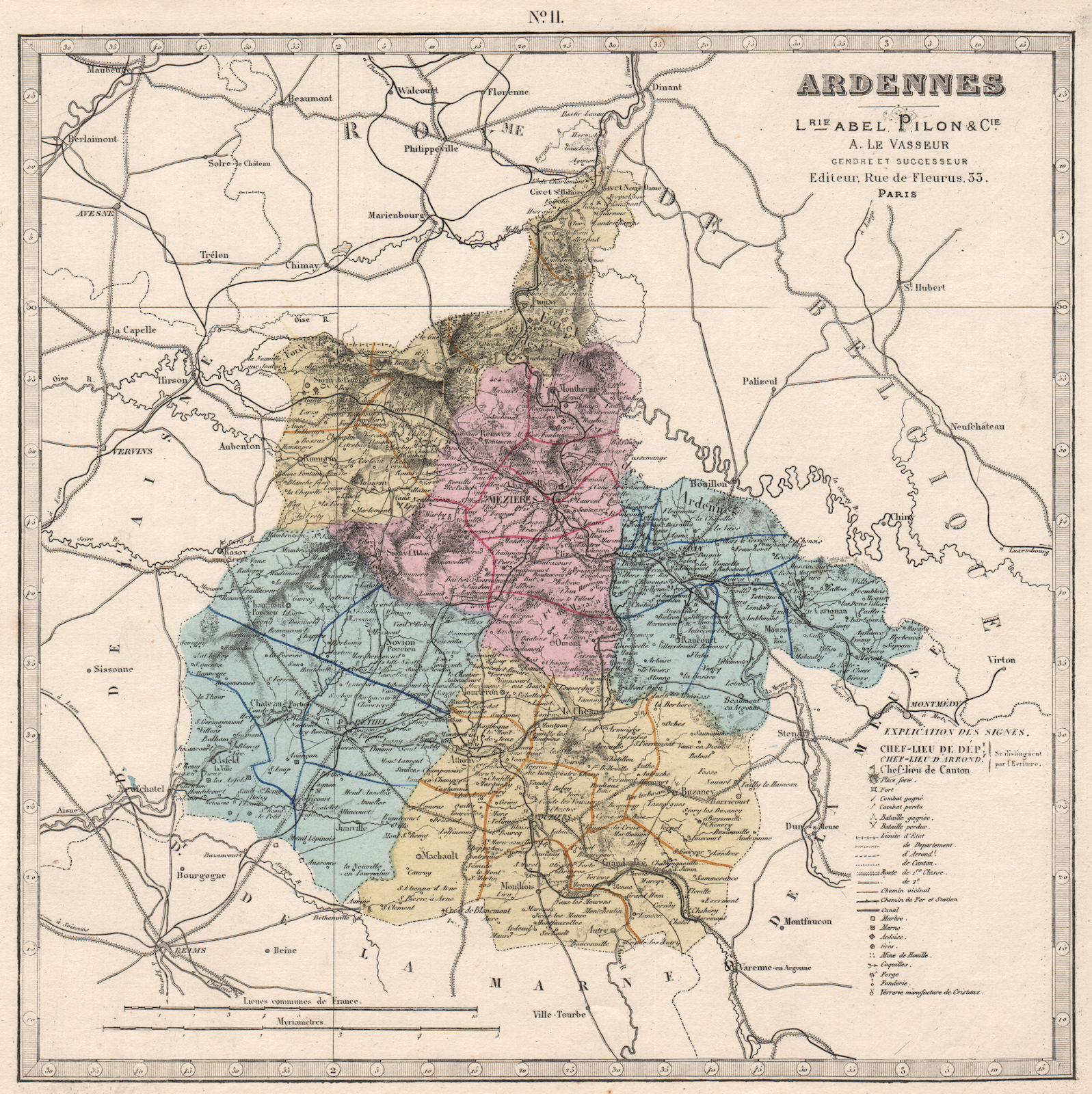 Associate Product ARDENNES department. Battlefields/dates resources minerals. LE VASSEUR 1876 map