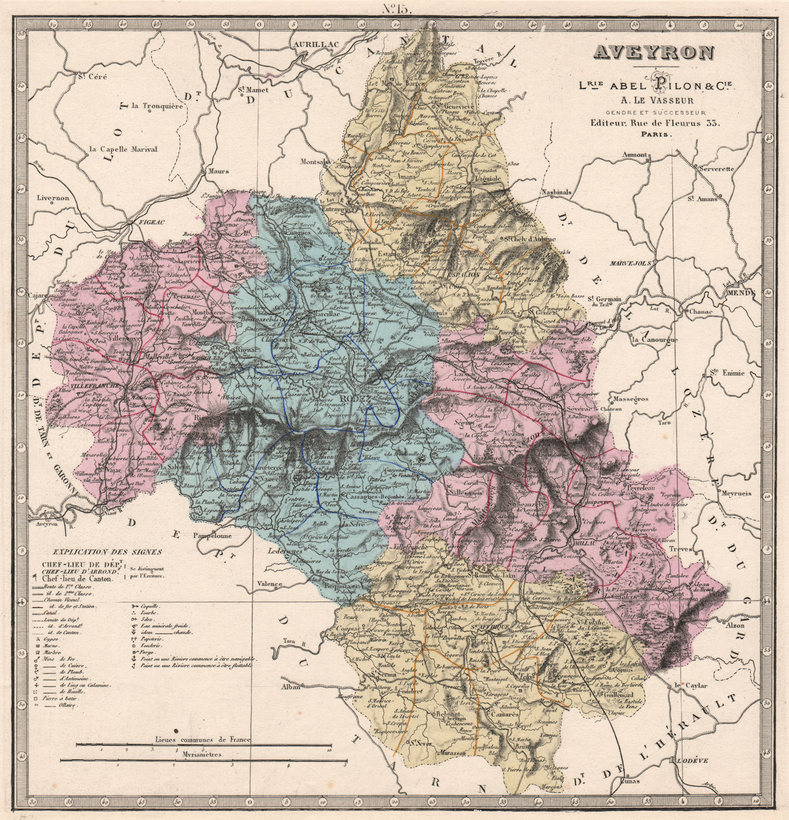 AVEYRON department showing resources & minerals. LE VASSEUR 1876 old map