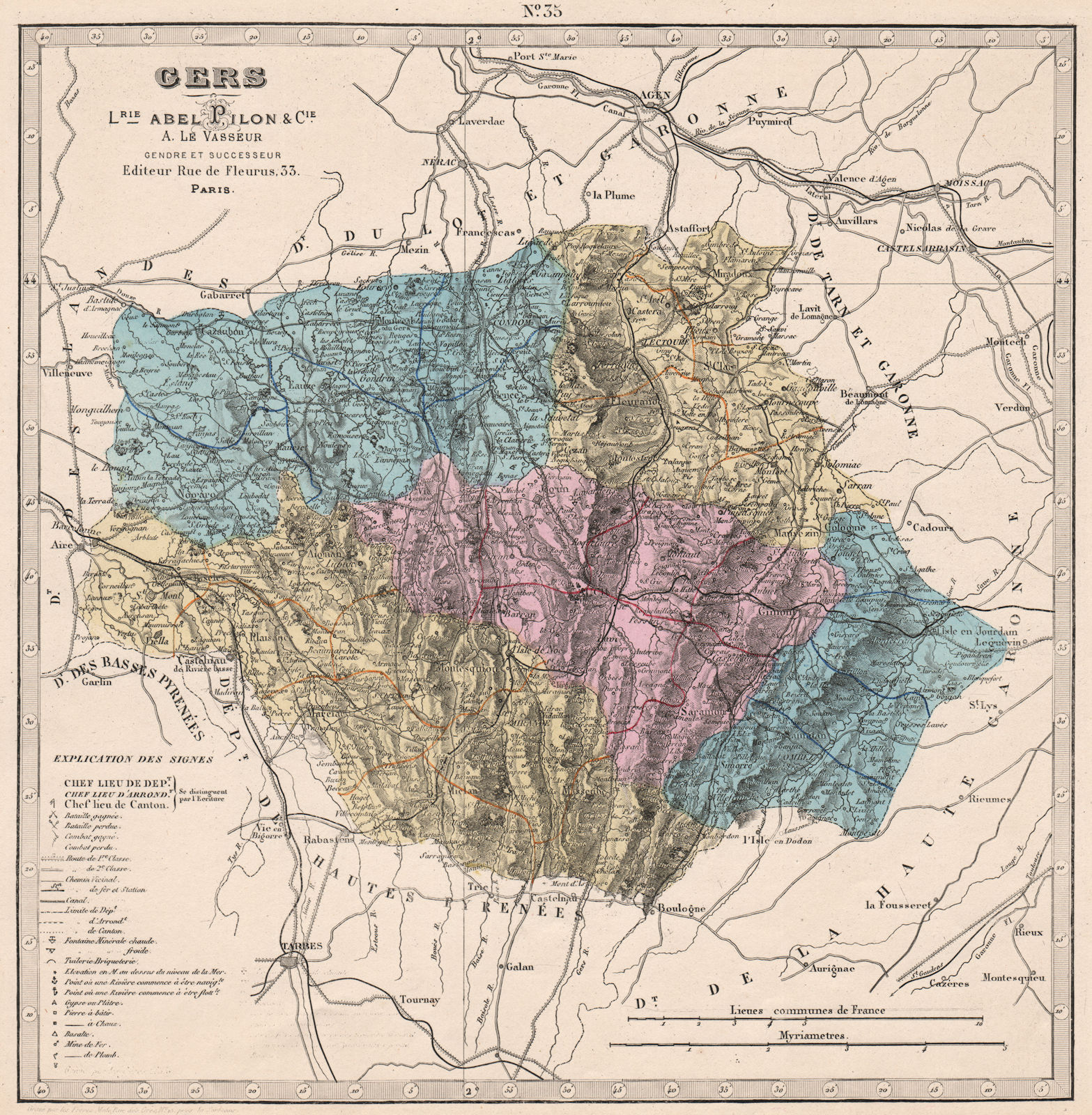 GERS department showing resources & minerals. LE VASSEUR 1876 old antique map