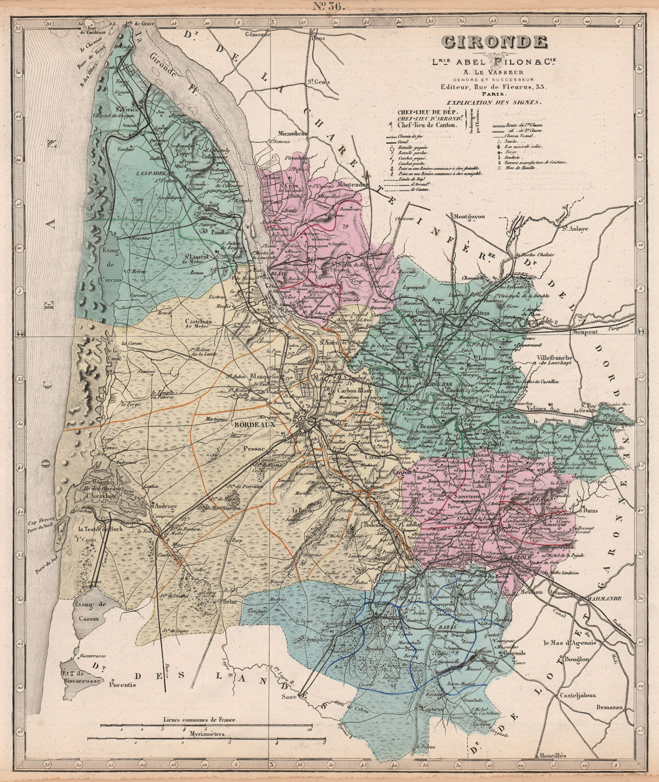 GIRONDE department showing resources & minerals. LE VASSEUR 1876 old map