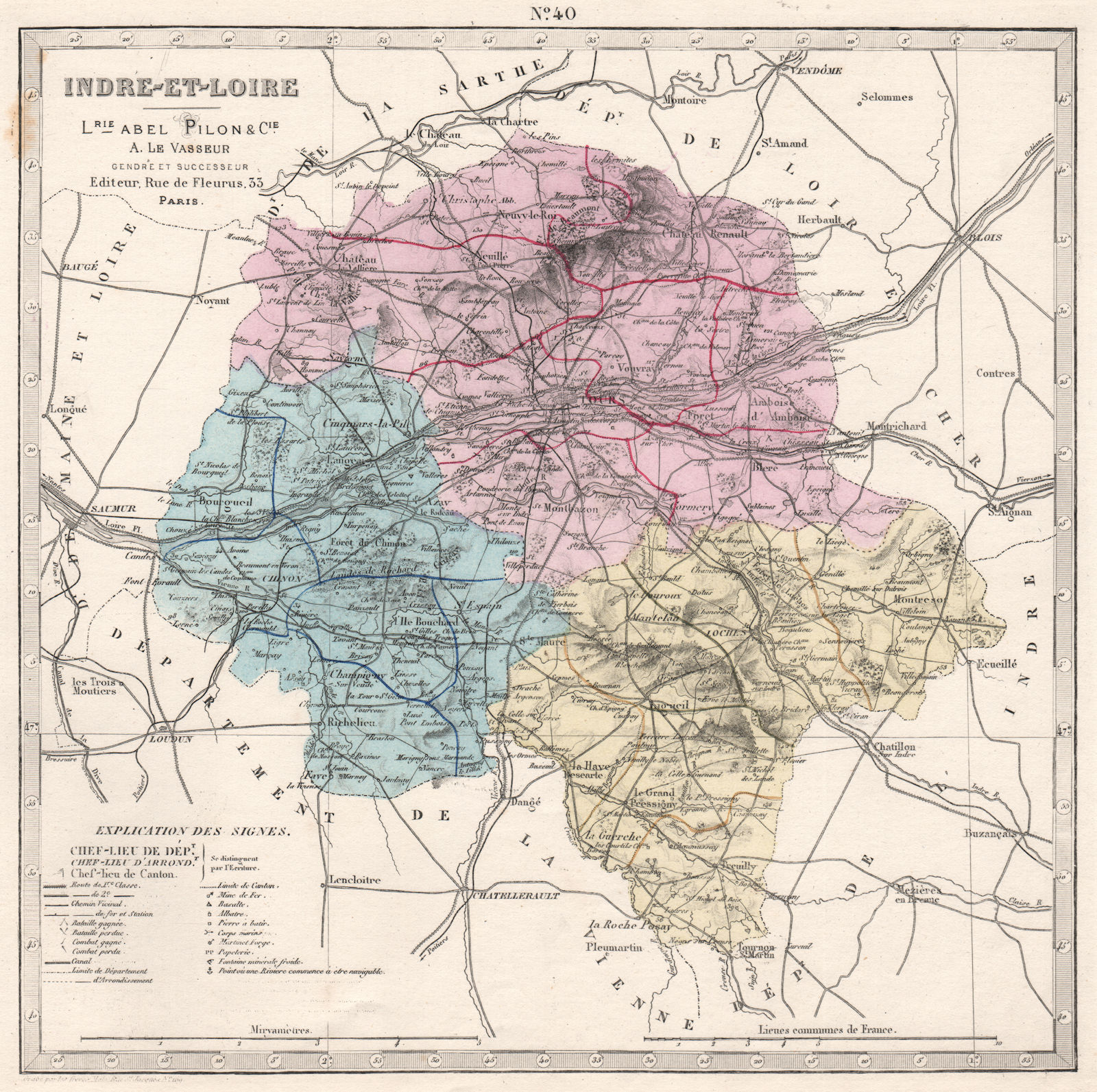 INDRE-ET-LOIRE department. Battles/dates resources minerals. LE VASSEUR 1876 map