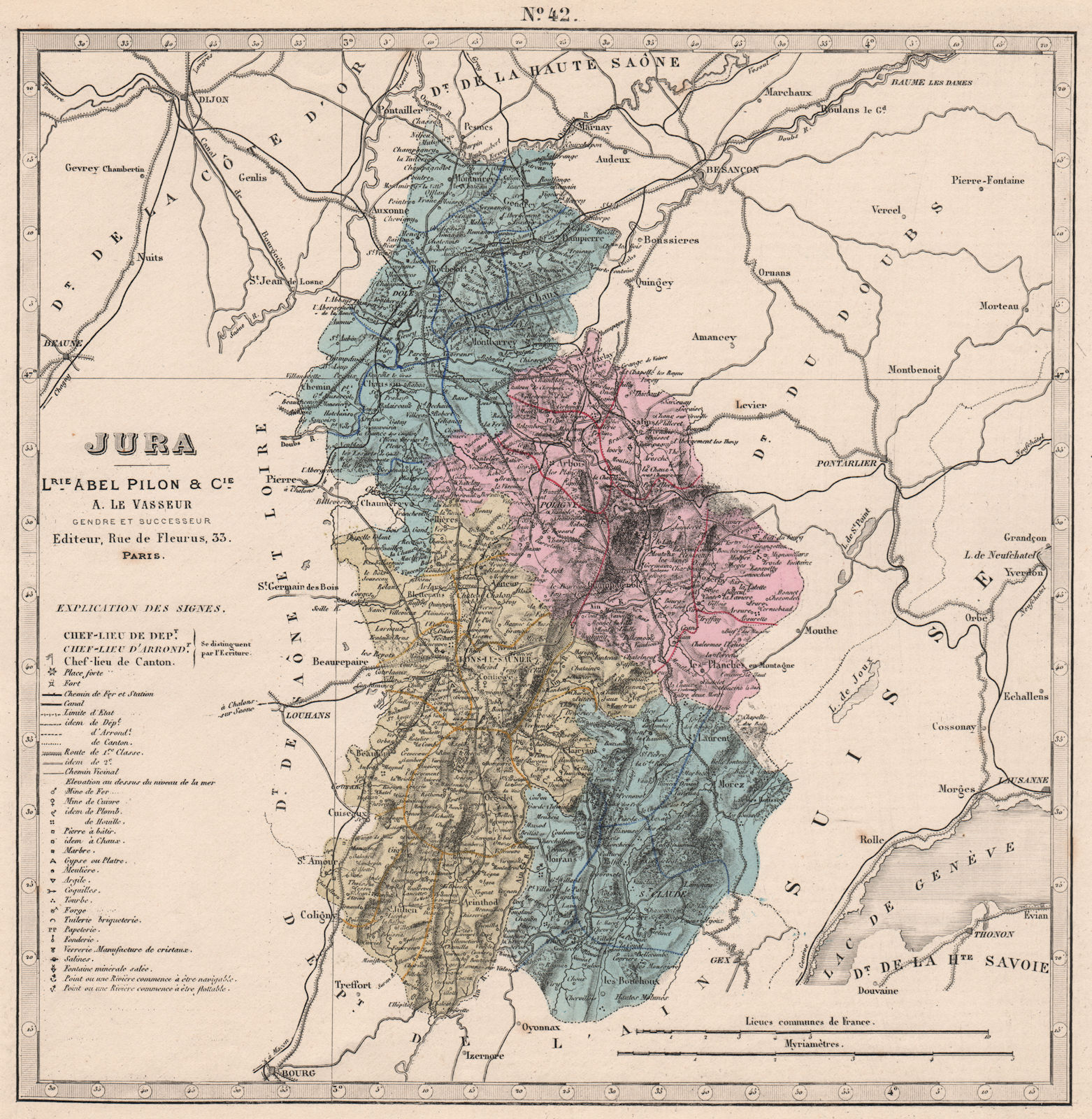 JURA department showing resources & minerals. LE VASSEUR 1876 old antique map