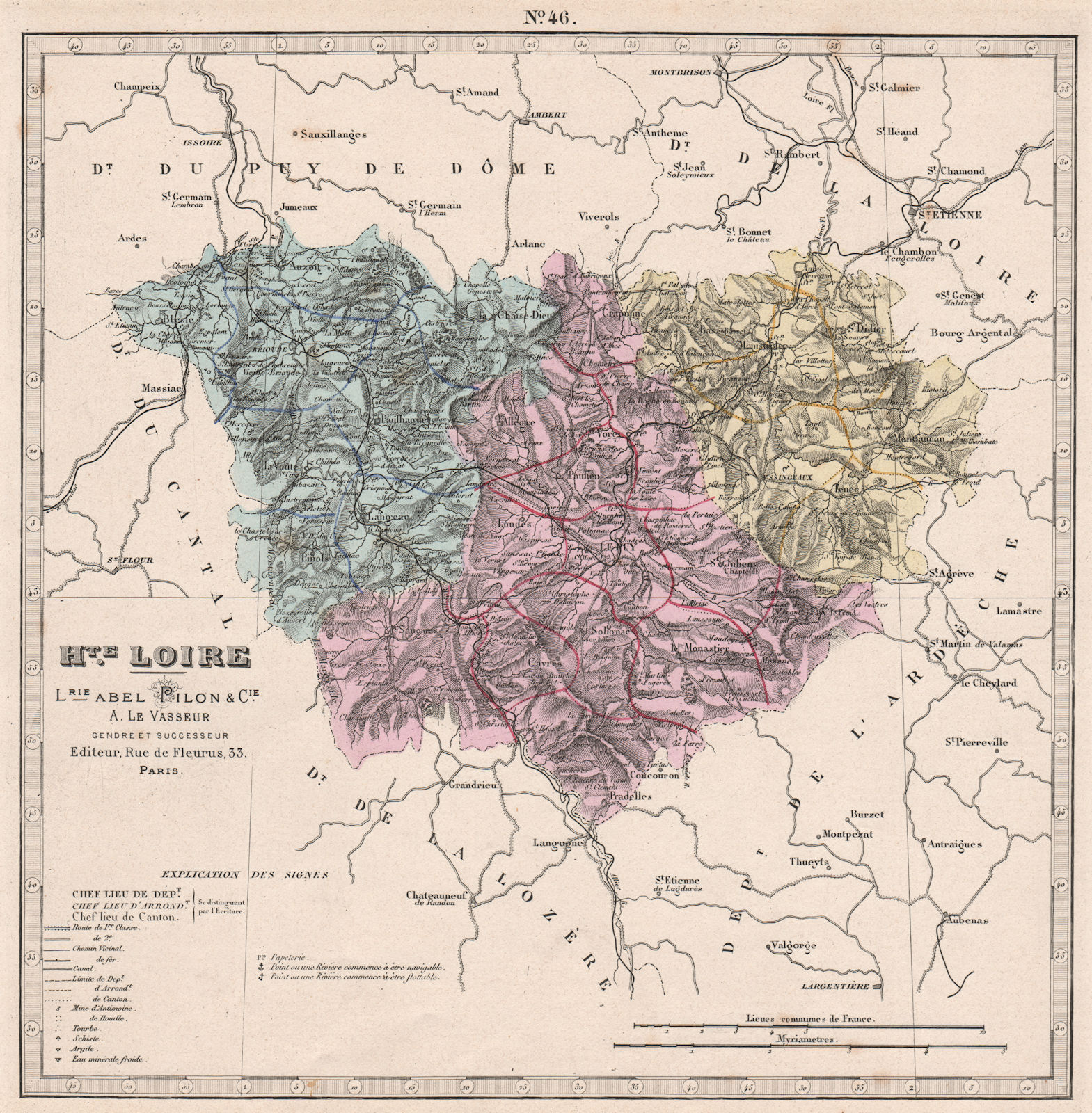 HAUTE-LOIRE department showing resources & minerals. LE VASSEUR 1876 old map