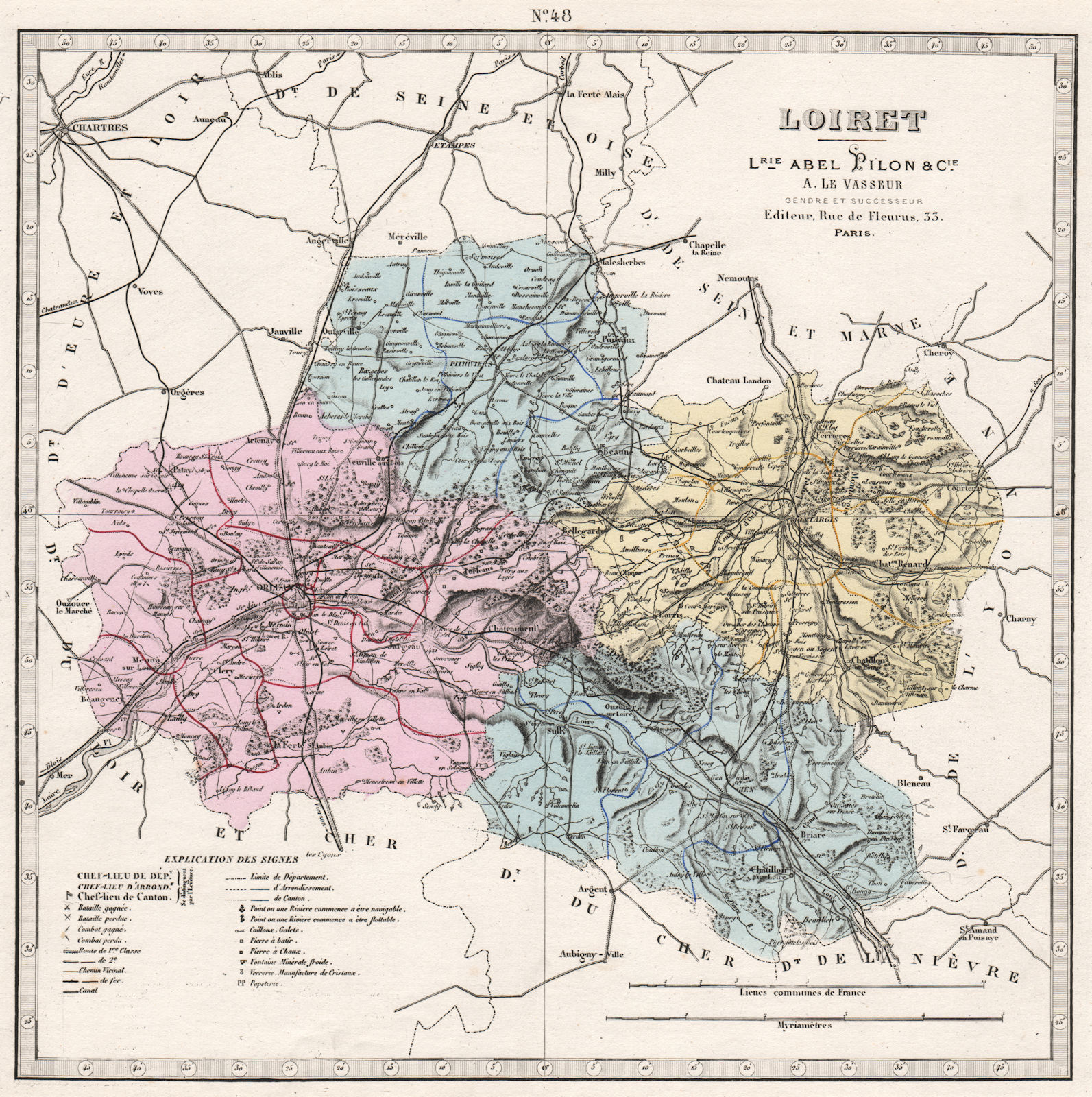 LOIRET department. Battlefields/dates, resources & minerals. LE VASSEUR 1876 map