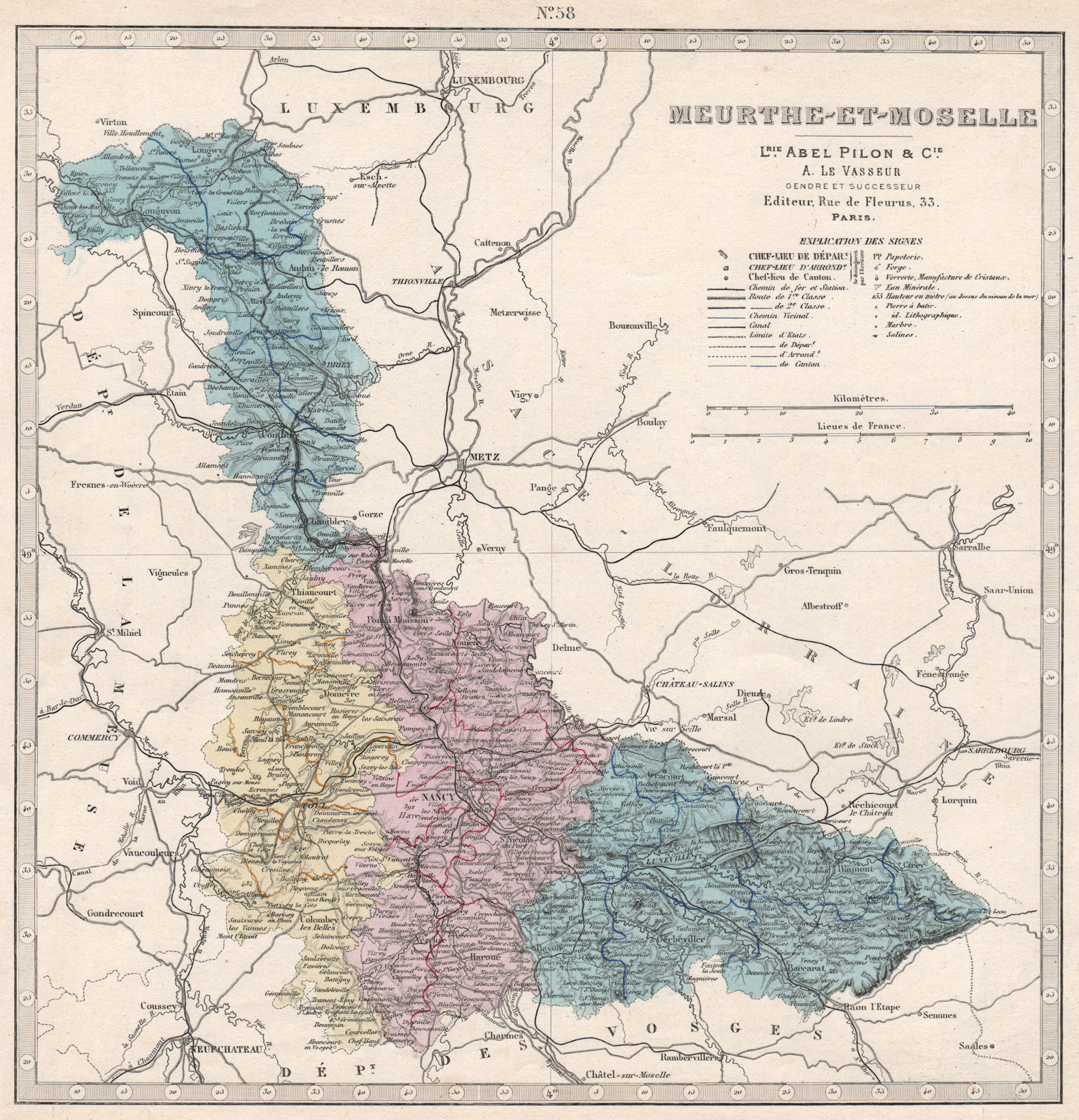 MEURTHE-ET-MOSELLE department showing resources & minerals. LE VASSEUR 1876 map