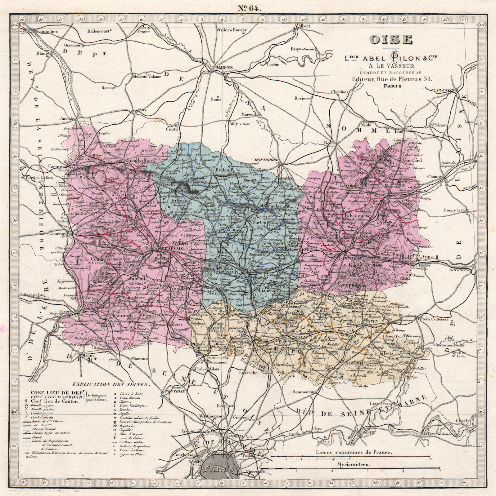 OISE department. Battlefields/dates, resources & minerals. LE VASSEUR 1876 map