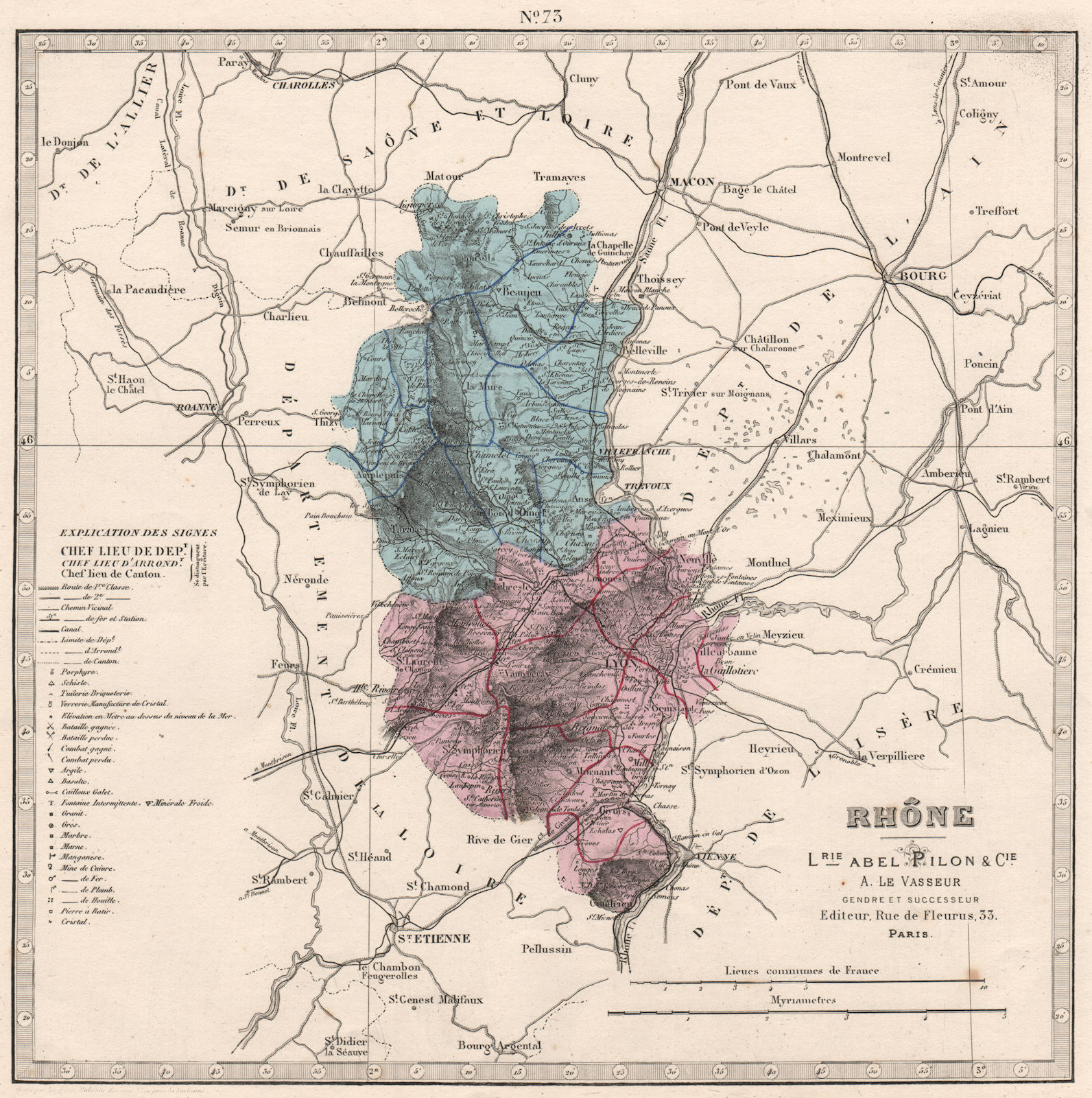 RHÔNE department. Battlefields/dates, resources & minerals. LE VASSEUR 1876 map