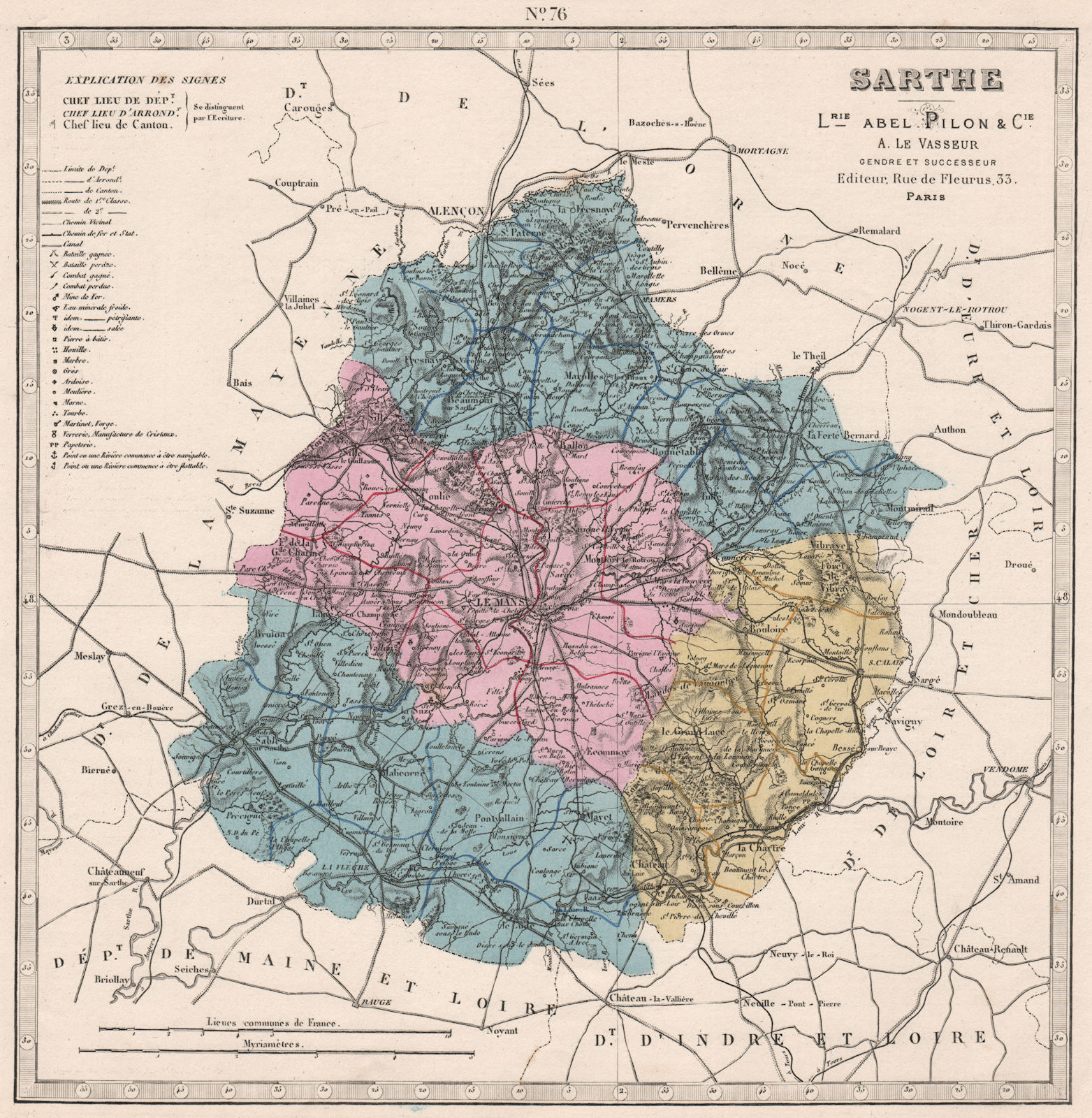 Associate Product SARTHE department. Battlefields/dates, resources & minerals. LE VASSEUR 1876 map