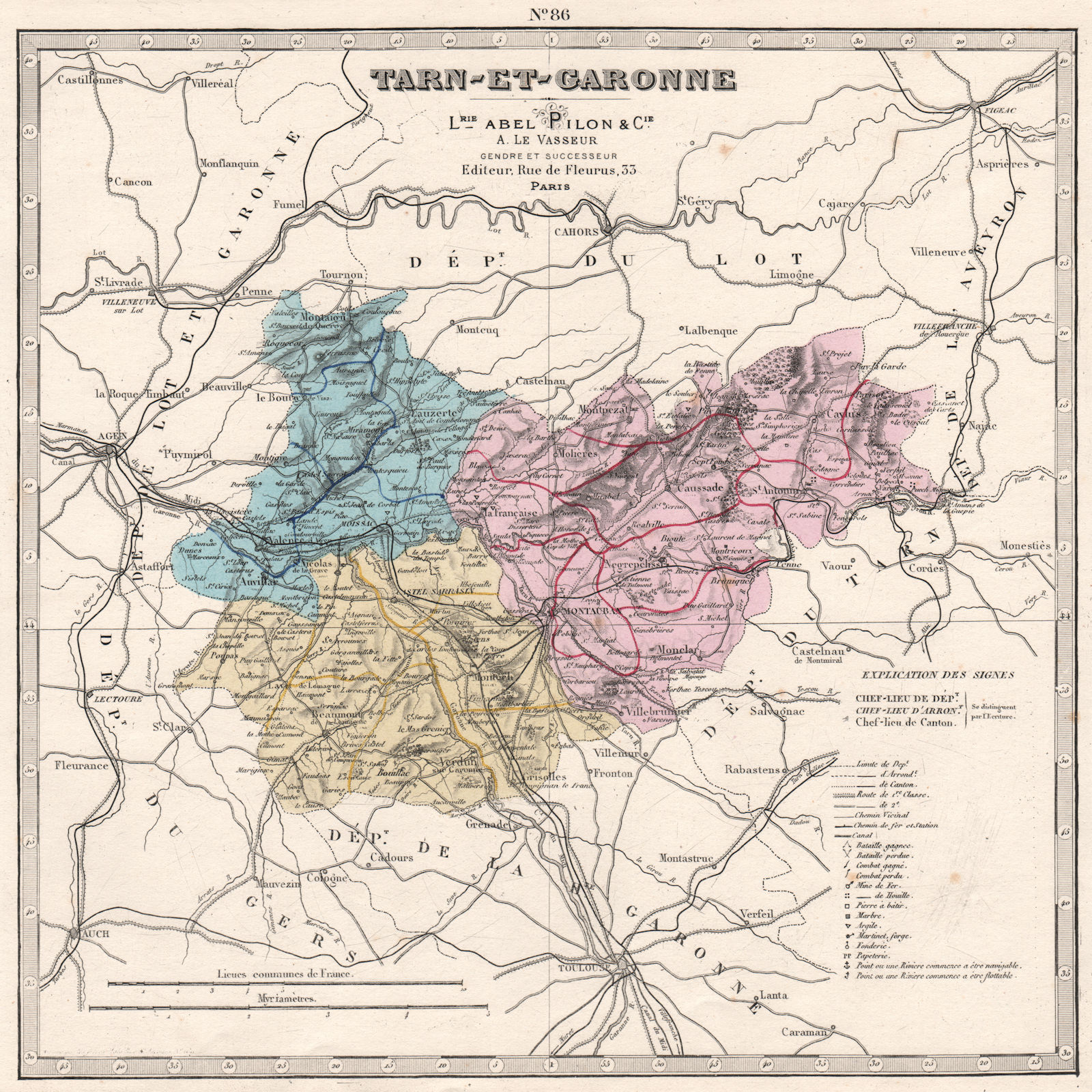 TARN-ET-GARONNE department showing resources & minerals. LE VASSEUR 1876 map