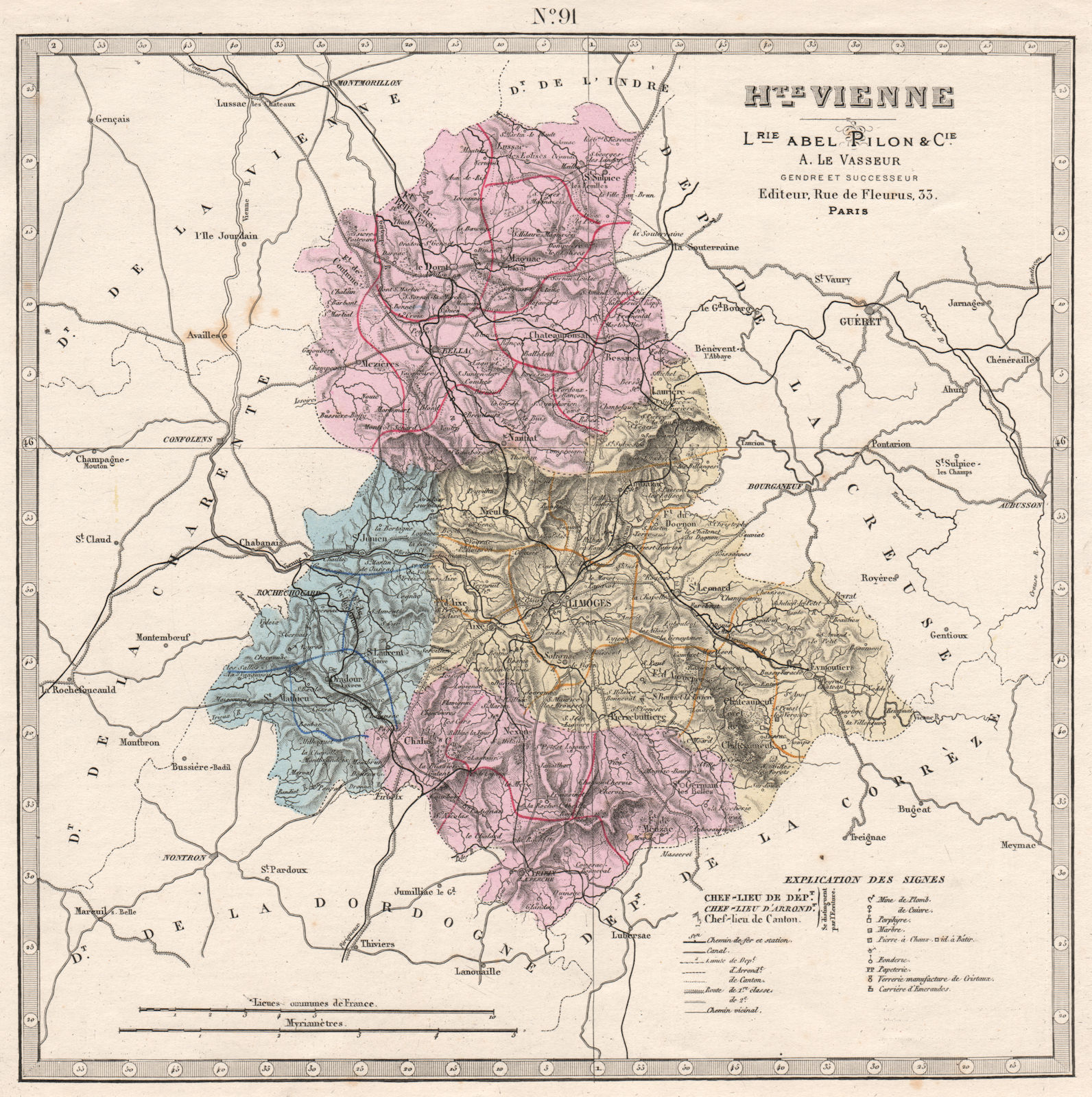 HAUTE-VIENNE department showing resources & minerals. LE VASSEUR 1876 old map