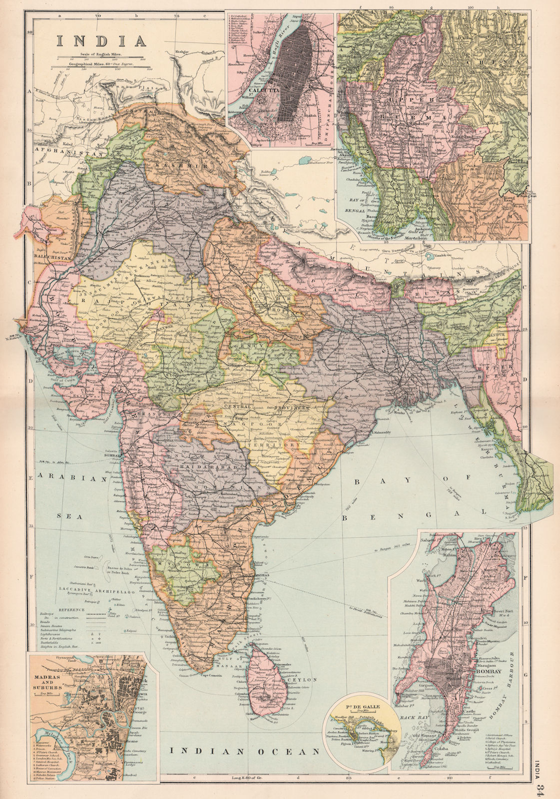BRITISH INDIA Calcutta Burma Madras Bombay Battles/dates Railways.BACON 1903 map