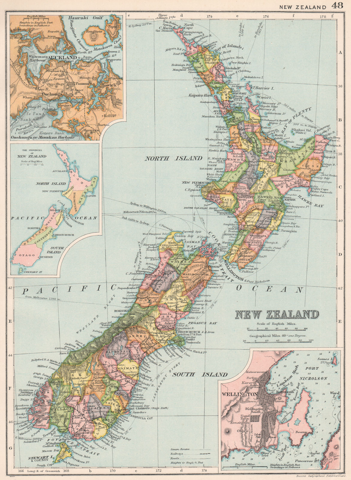 NEW ZEALAND. counties. Inset Wellington Auckland Provinces. BACON 1903 old map