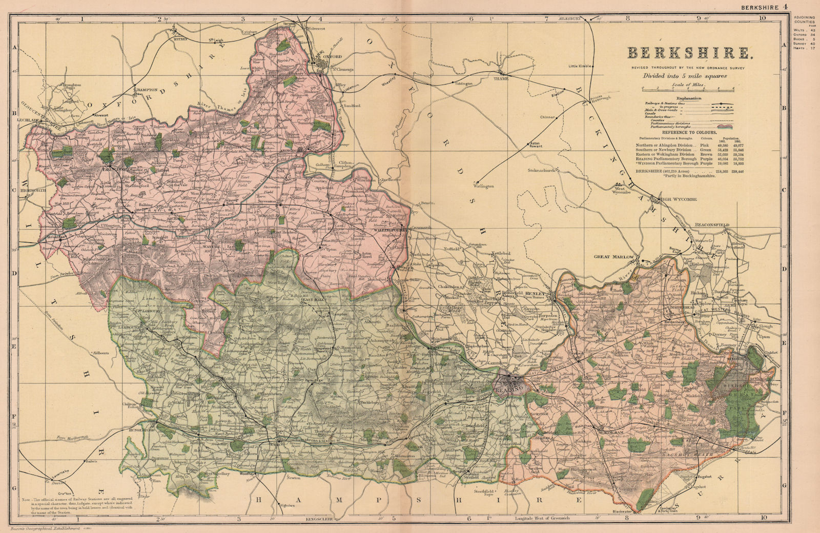 BERKSHIRE. Showing Parliamentary divisions, boroughs & parks. BACON 1901 map