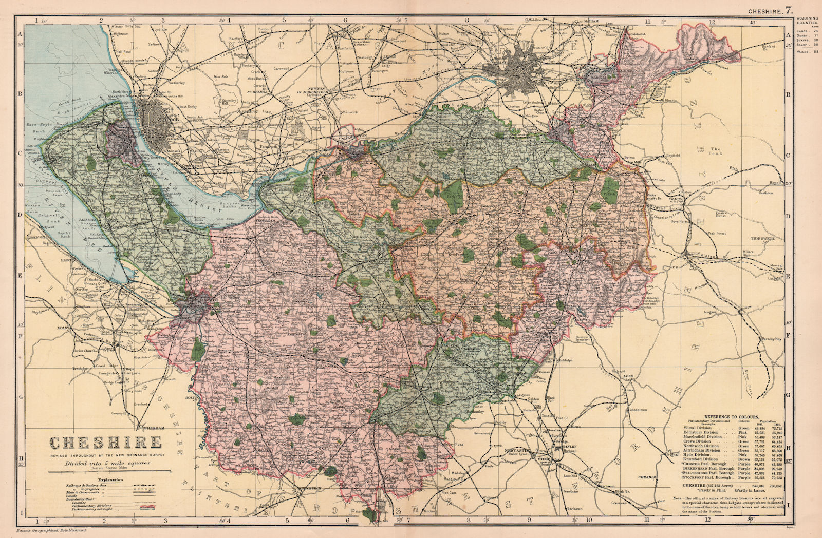 CHESHIRE. Showing Parliamentary divisions, boroughs & parks. BACON 1901 map
