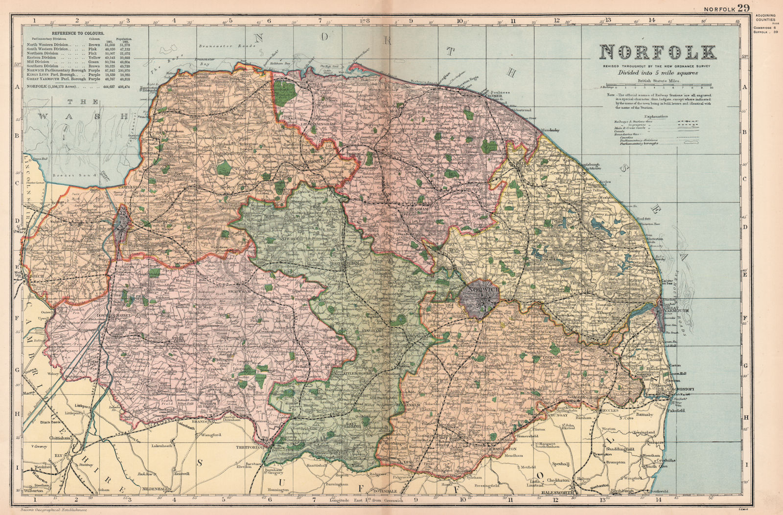 NORFOLK. Showing Parliamentary divisions, boroughs & parks. BACON 1901 old map