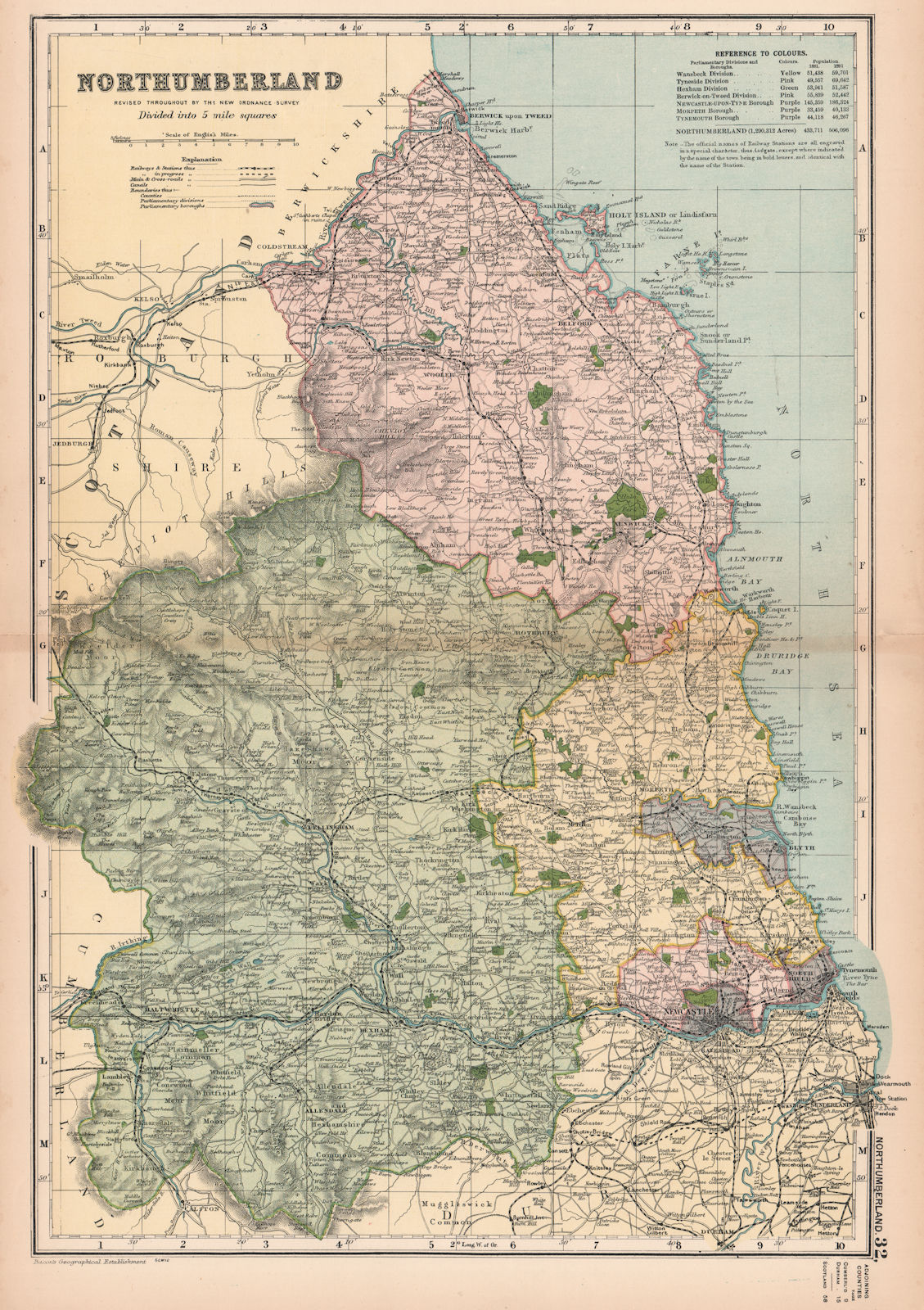 Associate Product NORTHUMBERLAND. Showing Parliamentary divisions,boroughs & parks.BACON 1901 map
