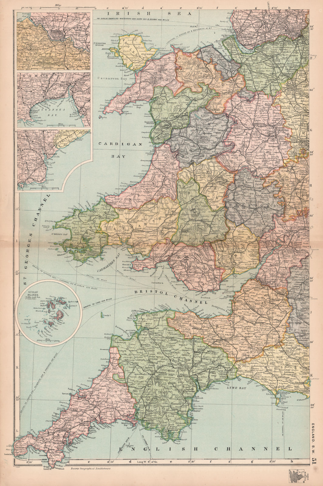 Associate Product ENGLAND SOUTH WEST/WALES. Bristol Gower Cardiff environs.Railways.BACON 1904 map