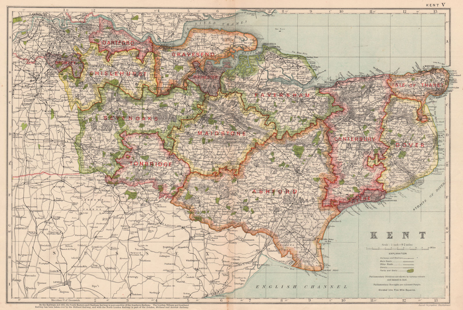 KENT. Showing Parliamentary divisions, boroughs & parks. BACON 1927 old map