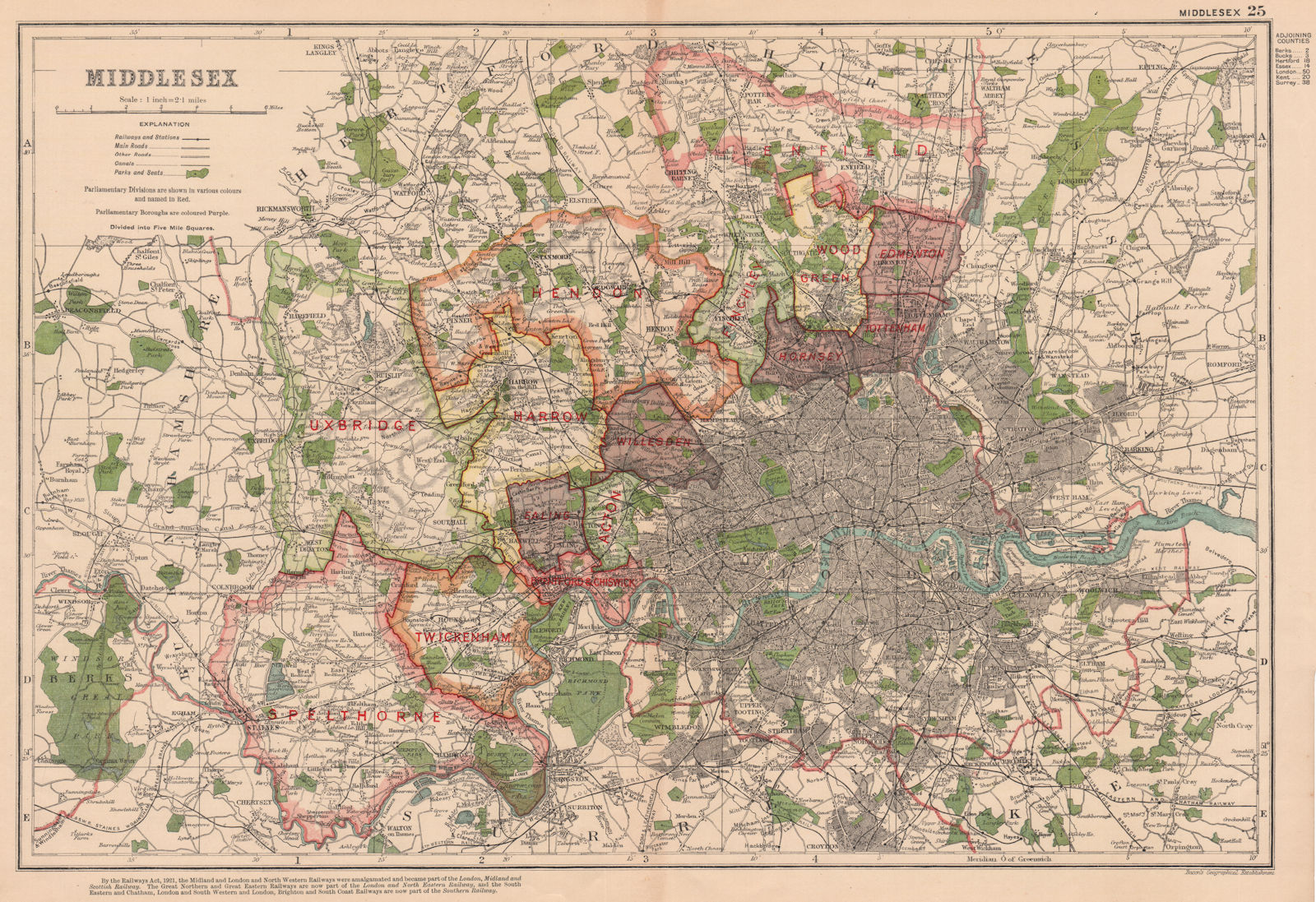 MIDDLESEX showing Parliamentary divisions,boroughs & parks.London.BACON 1927 map