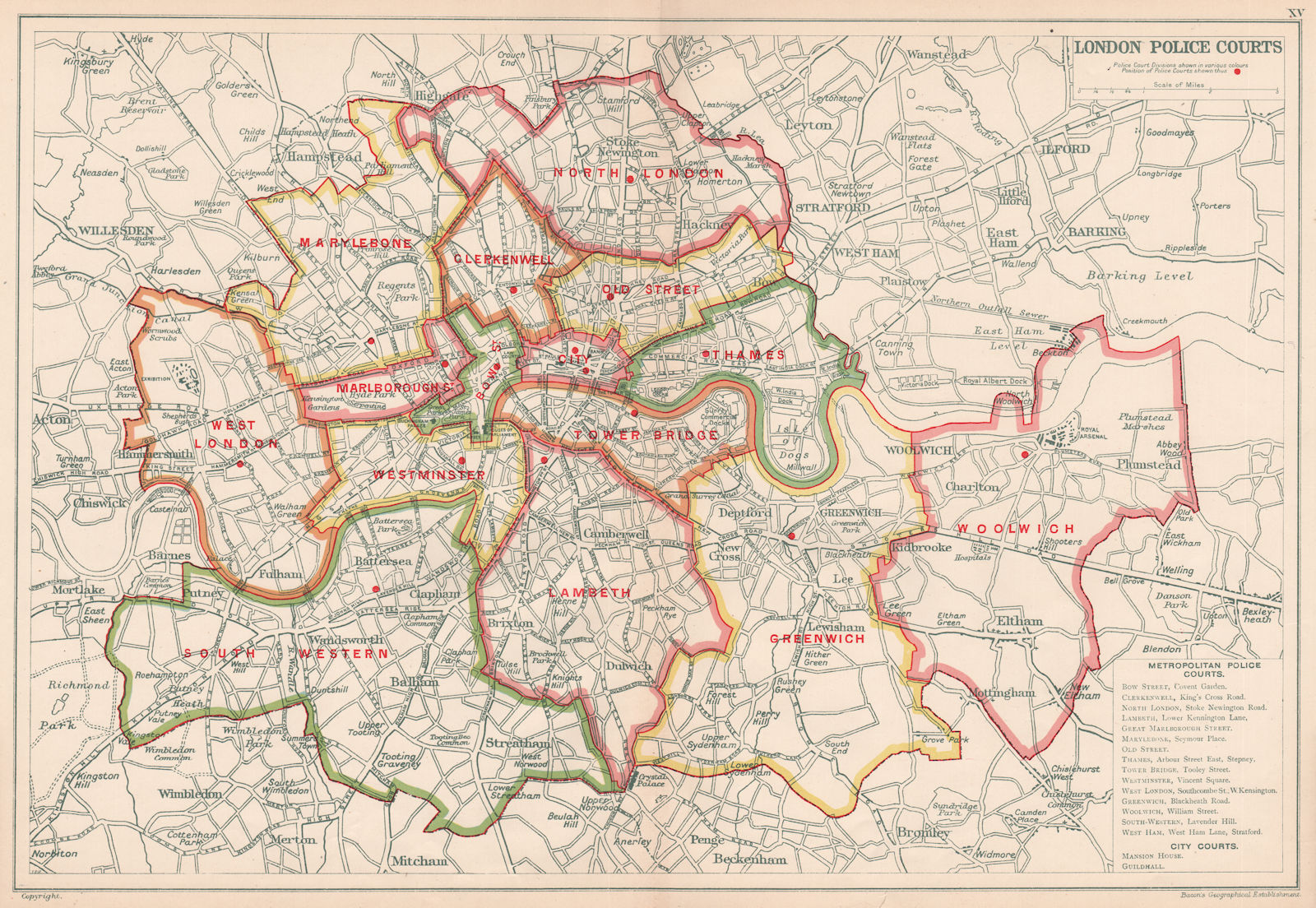 Associate Product LONDON POLICE COURTS. Showing divisions & court locations. BACON 1927 old map