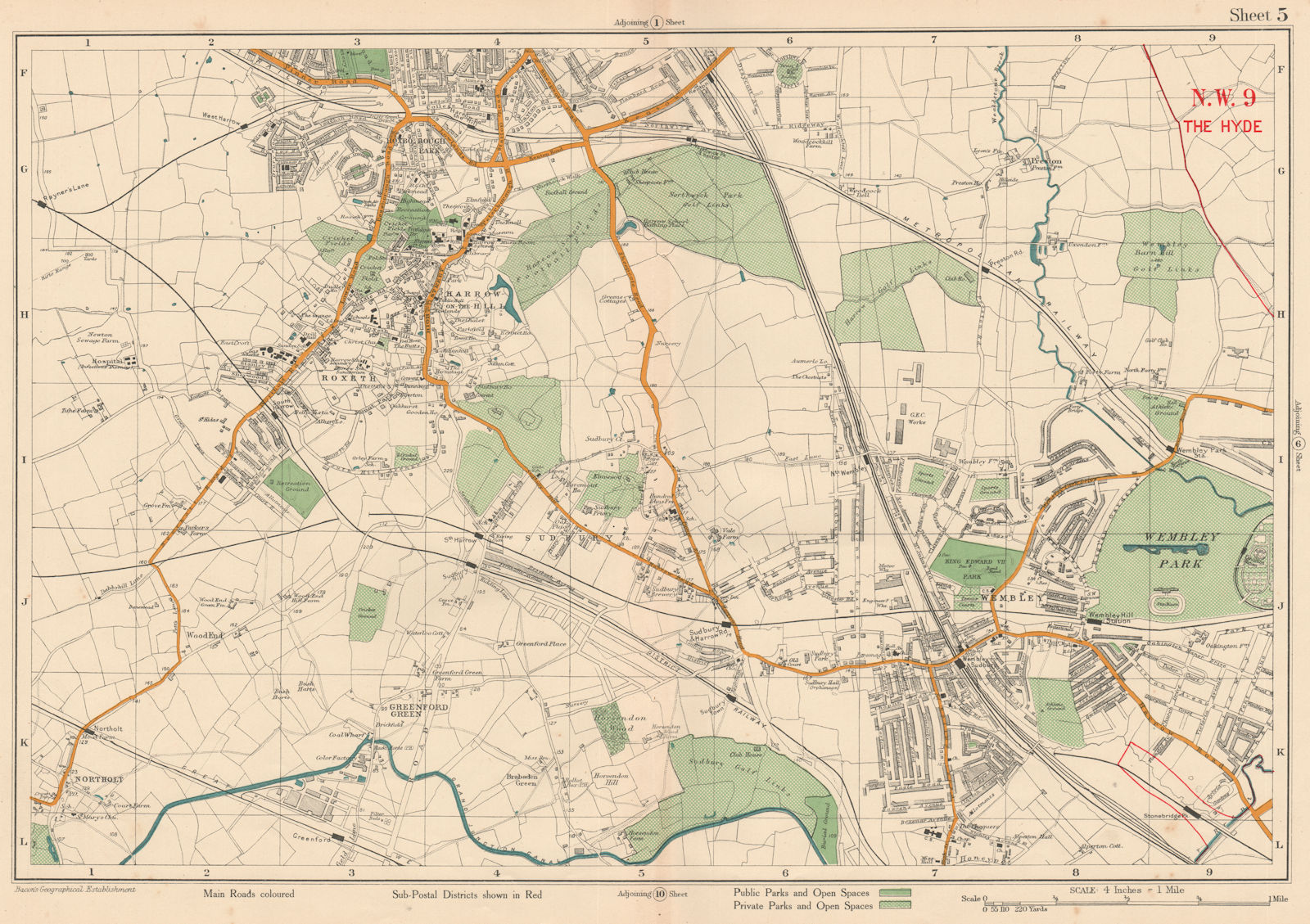 NW LONDON Wembley Harrow on the Hill Kenton Northolt Sudbury. BACON 1927 map