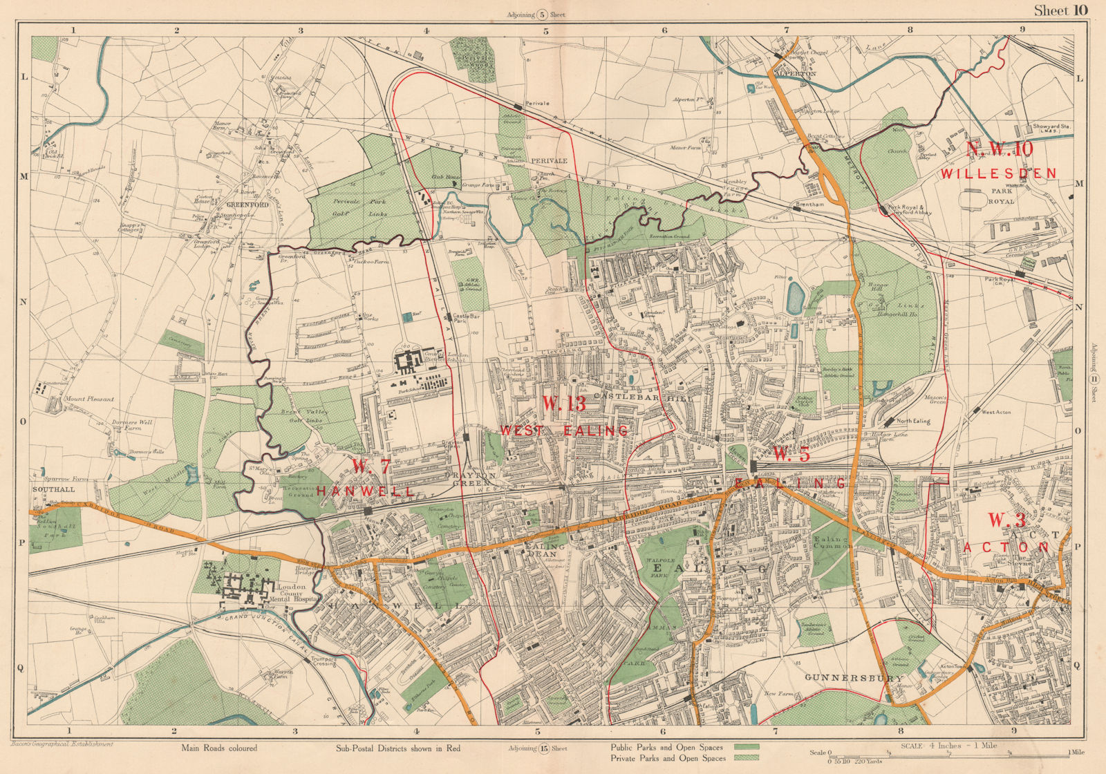 EALING Willesden Acton Southall Hanwell Greenford Park Royal. BACON 1927 map