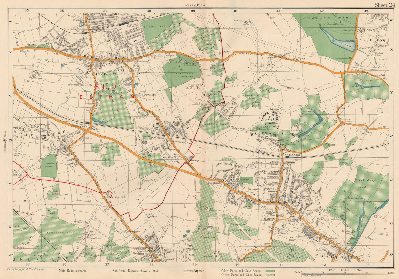 SIDCUP ELTHAM Chislehurst West Mottingham Foots Cray Bexley. BACON 1927 map