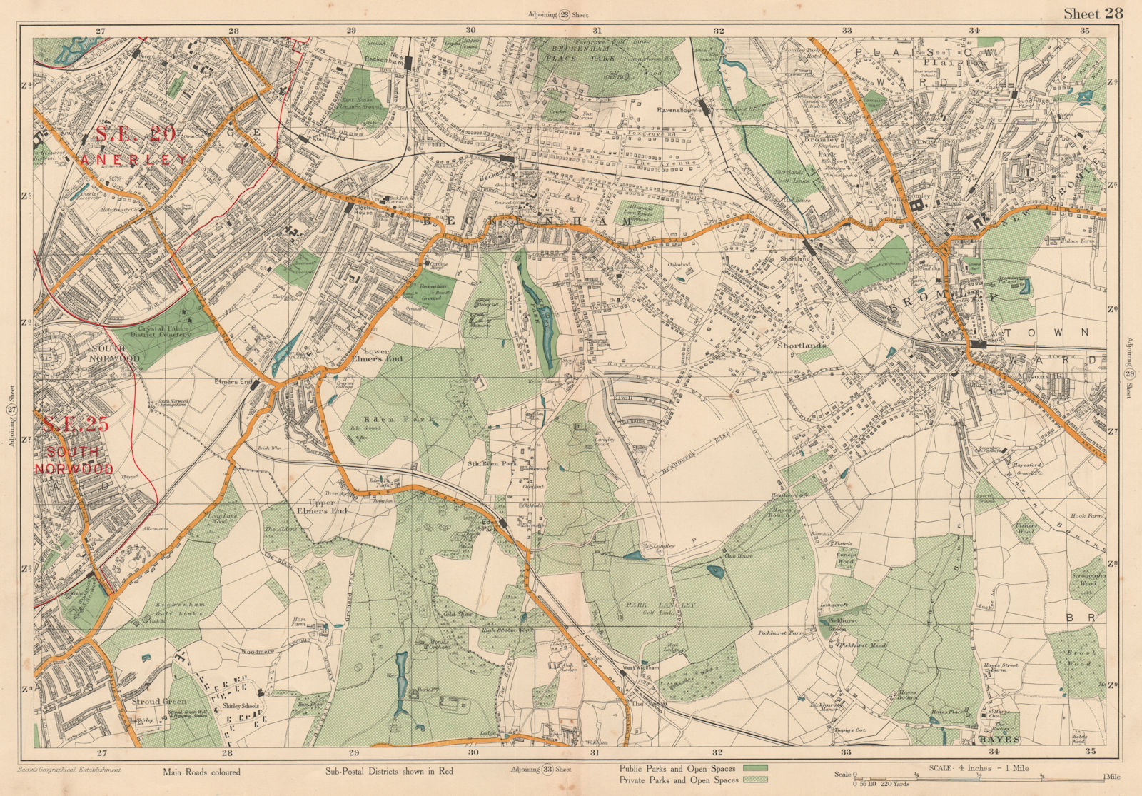 BECKENHAM Bromley Penge South Norwood West Wickham Anerley. BACON 1927 old map