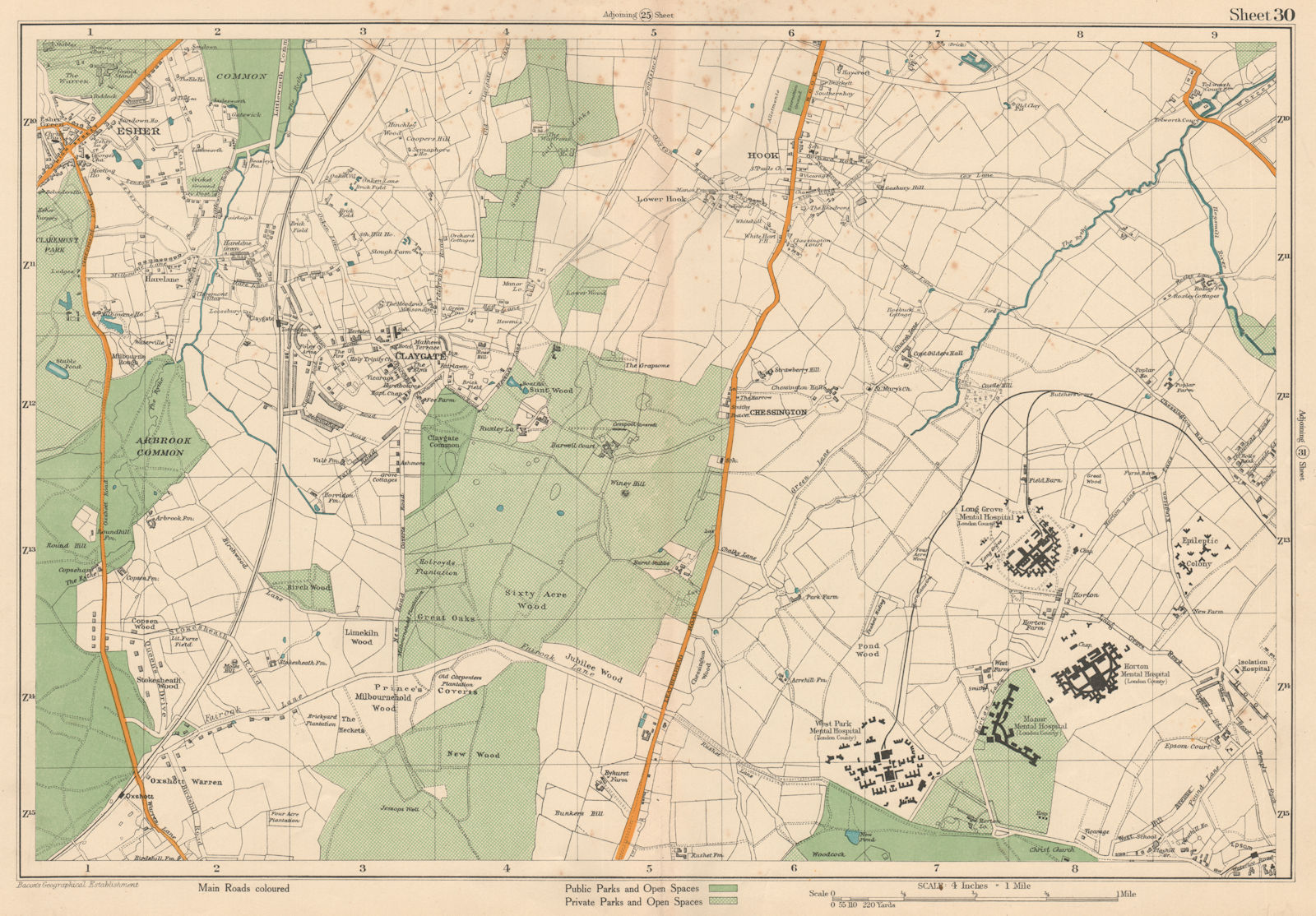 ESHER/EWELL Epsom Claygate Oxshott Hook Chessington Hinchley Wood.BACON 1927 map