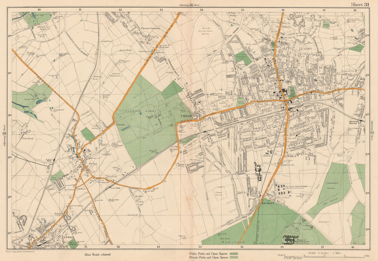 SUTTON Cheam Epsom Belmont Carshalton Ewell Banstead Downs. BACON 1927 old map