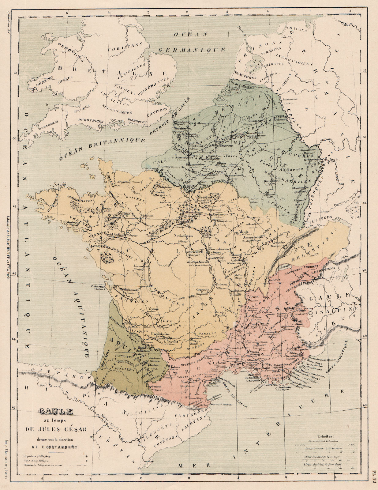 GAULE in the time of Julius Caesar. Gaule. Roman roads.Tribes Provinces 1880 map