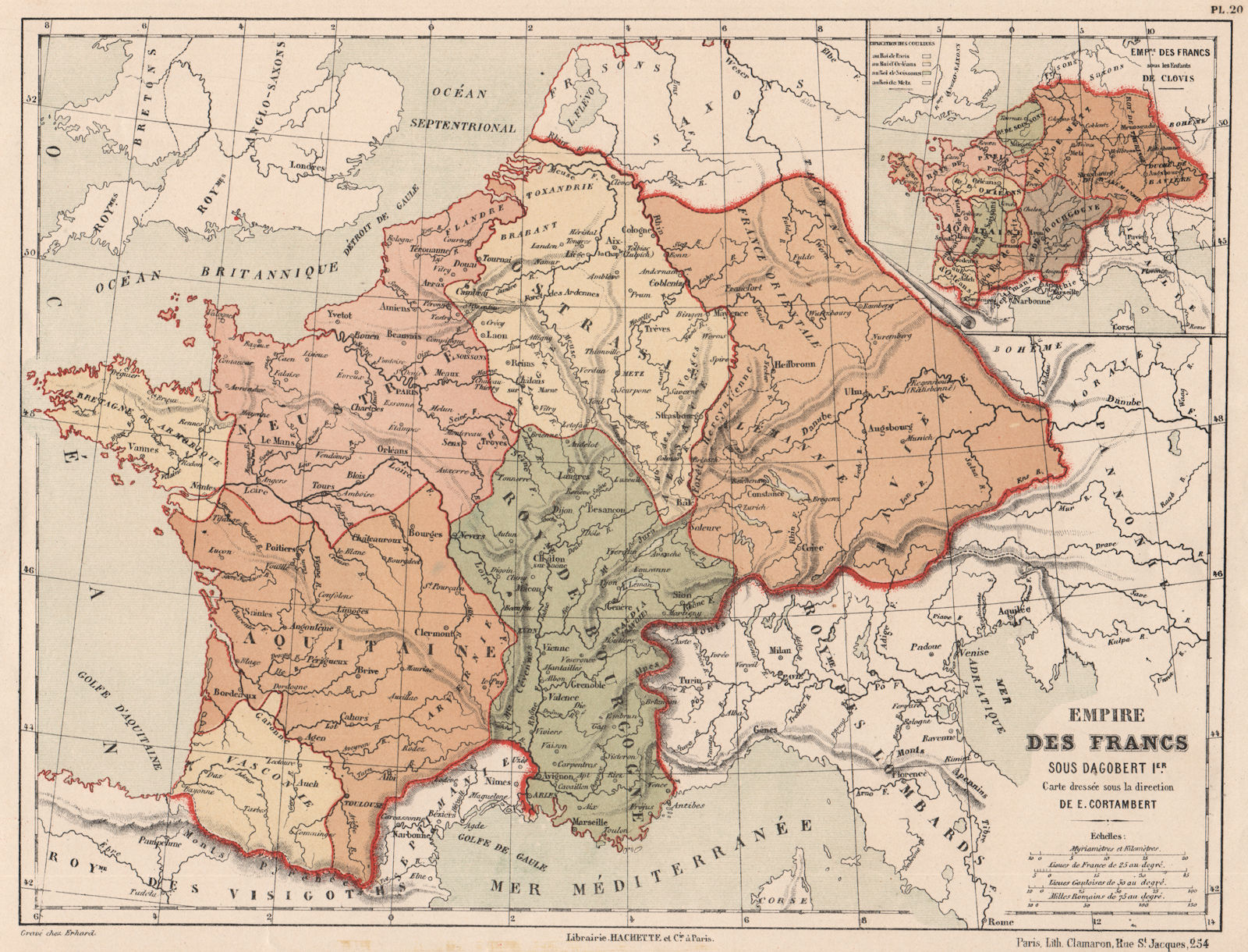 FRANKISH EMPIRE/Kingdom under Dagobert I. Francia Frankia. Clovis 1880 old map