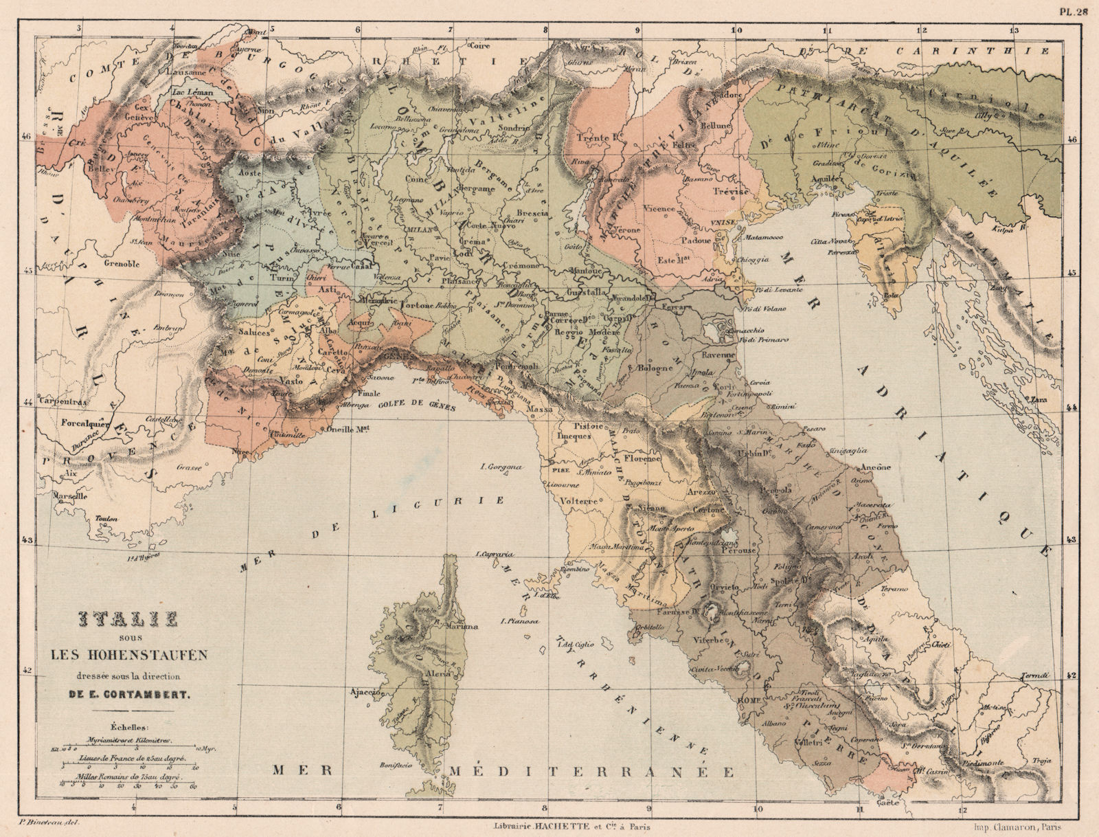HOHENSTAUFEN ITALY. Northern Italy. 12th century. Swabia. CORTAMBERT 1880 map