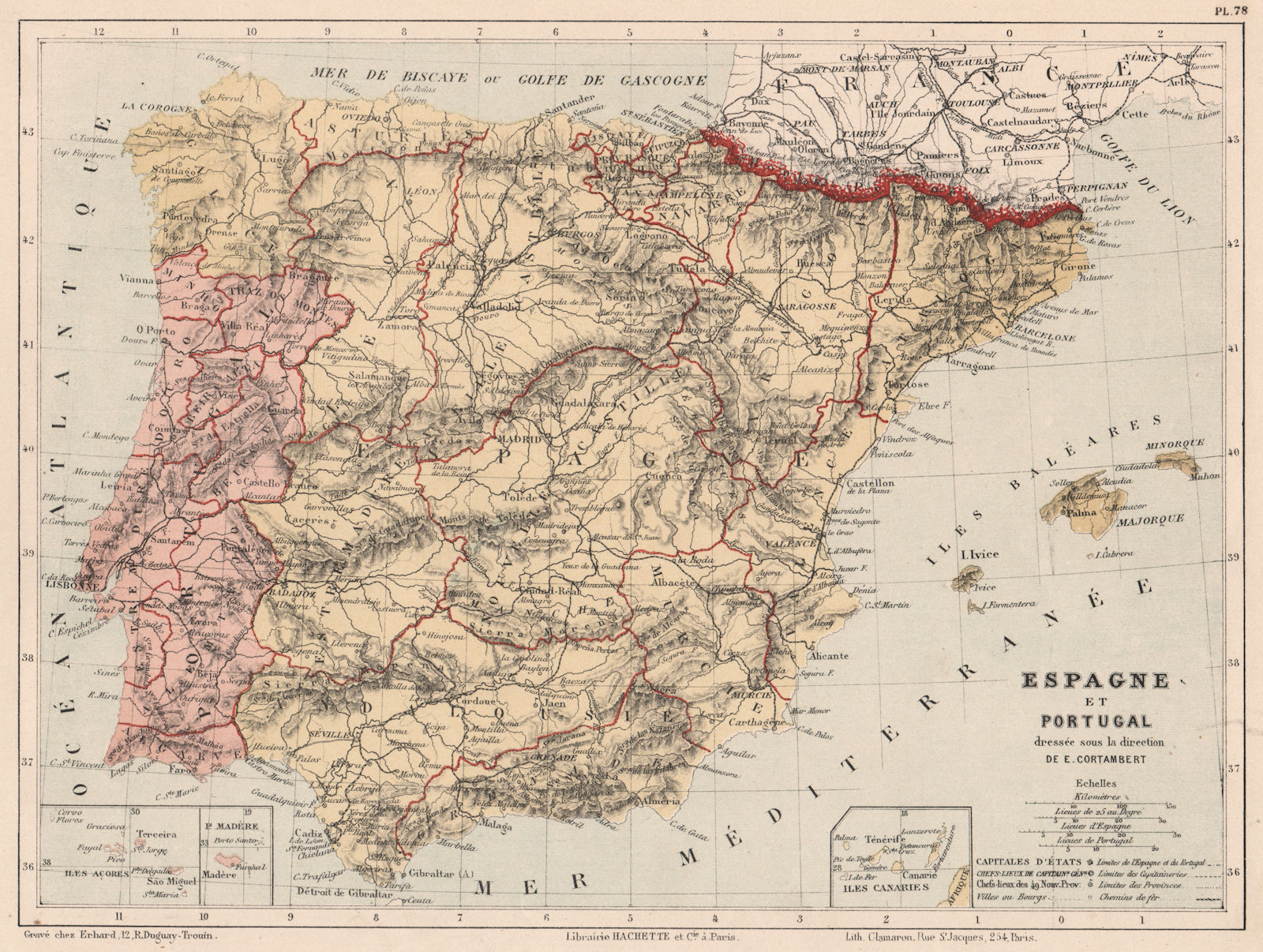 Spain and Portugal. Iberia. Provinces. CORTAMBERT 1880 old antique map chart