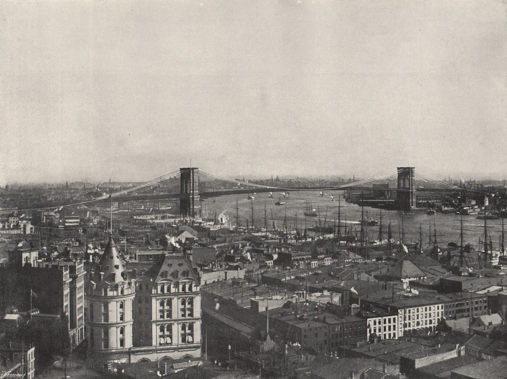 NEW YORK. General view, showing the Brooklyn Bridge. New York 1895 old print