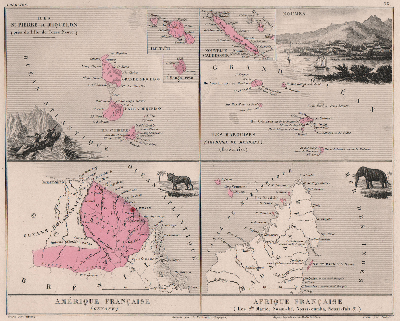 Associate Product COLONIES FRANÇAISES Miquelon Marquises Guyane Comores Nouméa.VUILLEMIN 1879 map