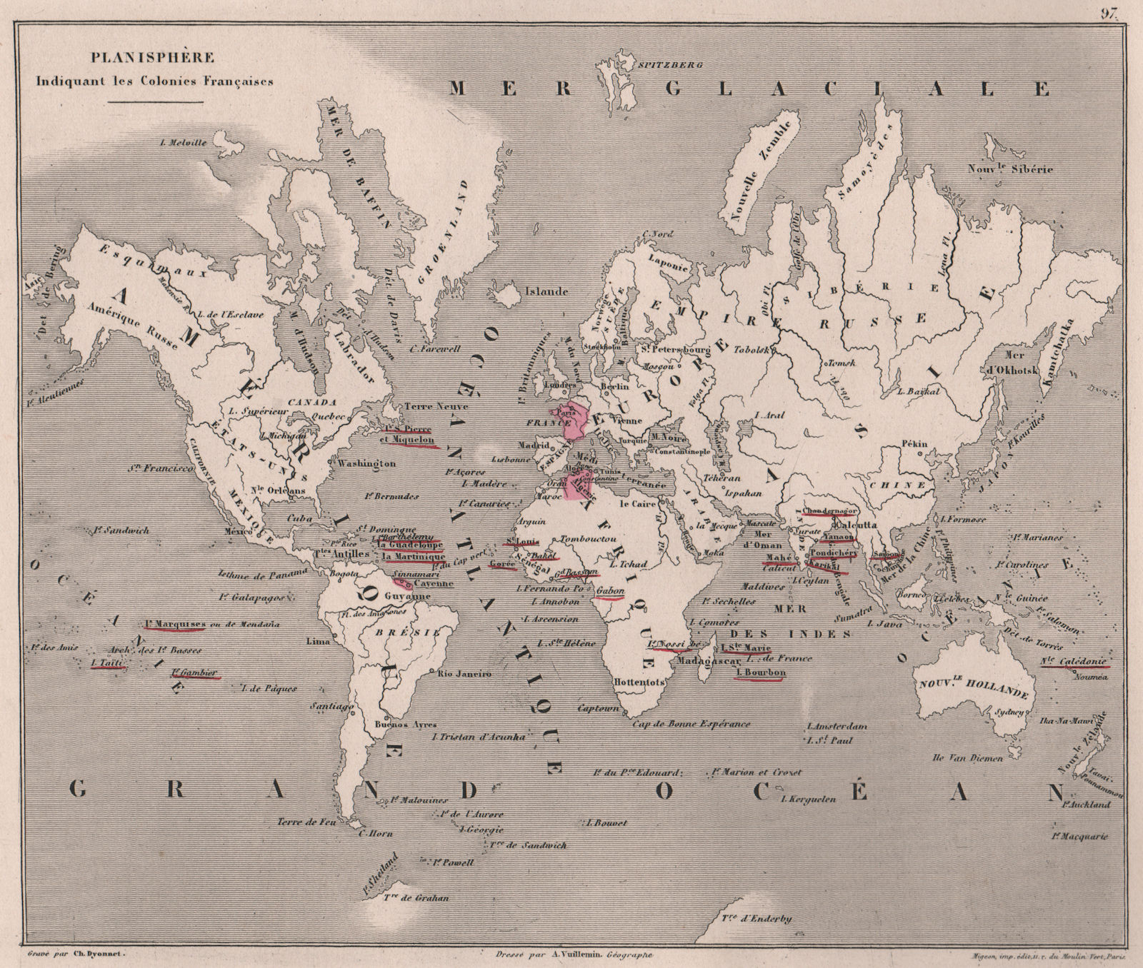 Associate Product Planisphère indiquant les Colonies Françaises'. French. VUILLEMIN 1879 old map