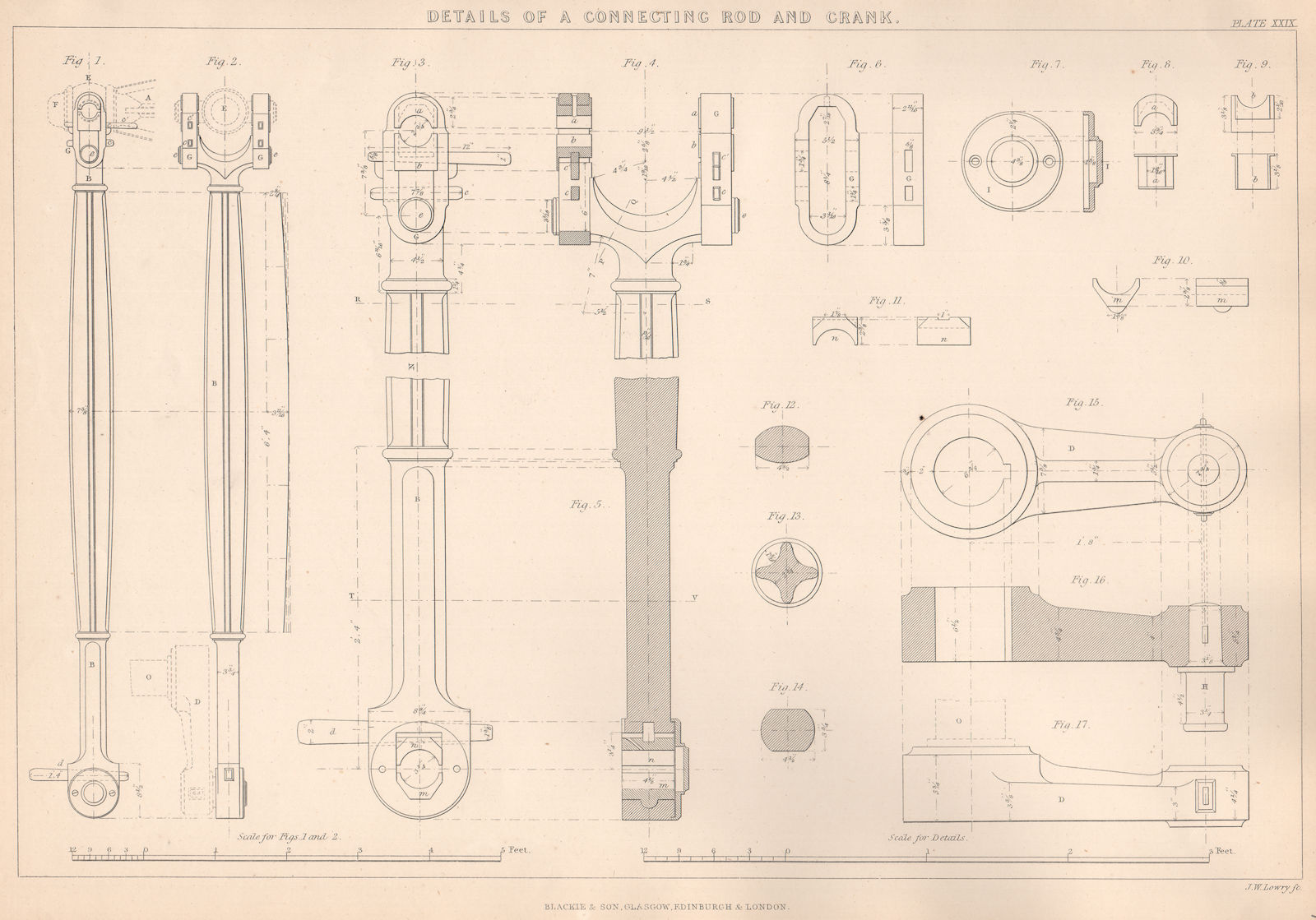 VICTORIAN ENGINEERING DRAWING. Details of a connecting Rod and Crank 1876