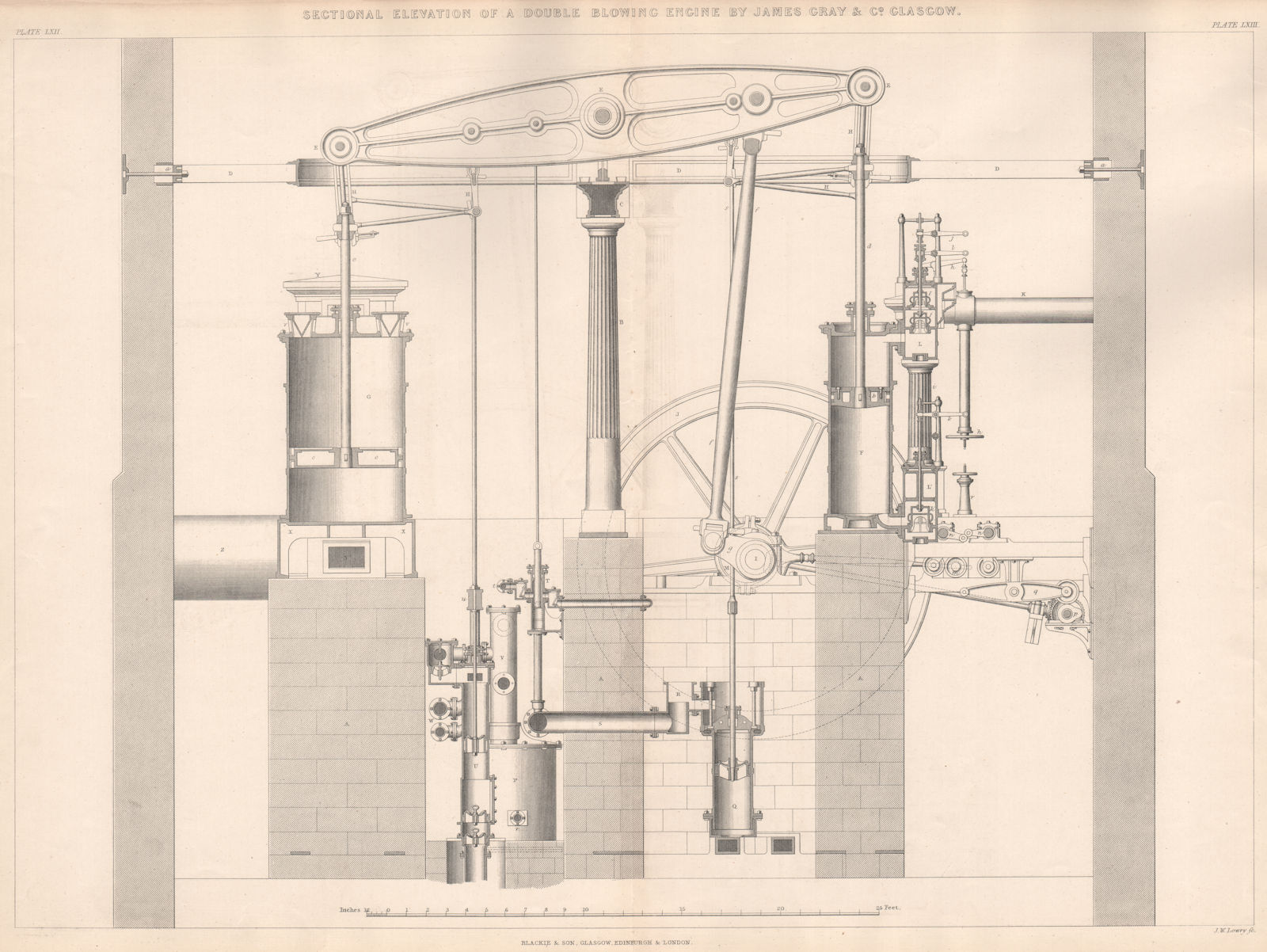 19C ENGINEERING DRAWING. Double blowing engine section. James Gray, Glasgow 1876