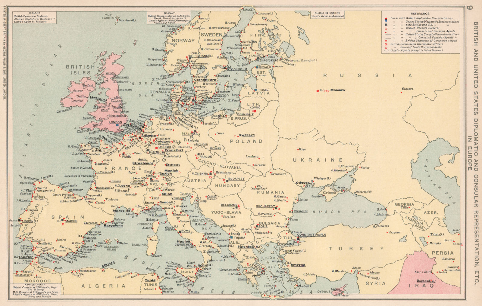 Europe. British & US Diplomatic & Consular Representation. Embassies 1925 map