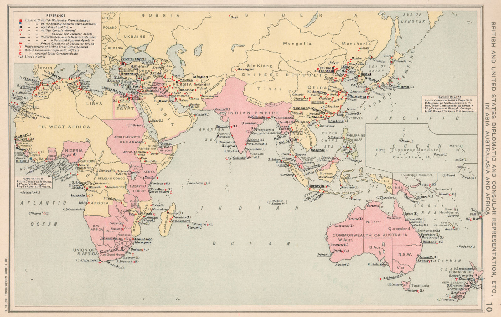 Asia & Africa. British & US Diplomatic & Consular Representation 1925 old map