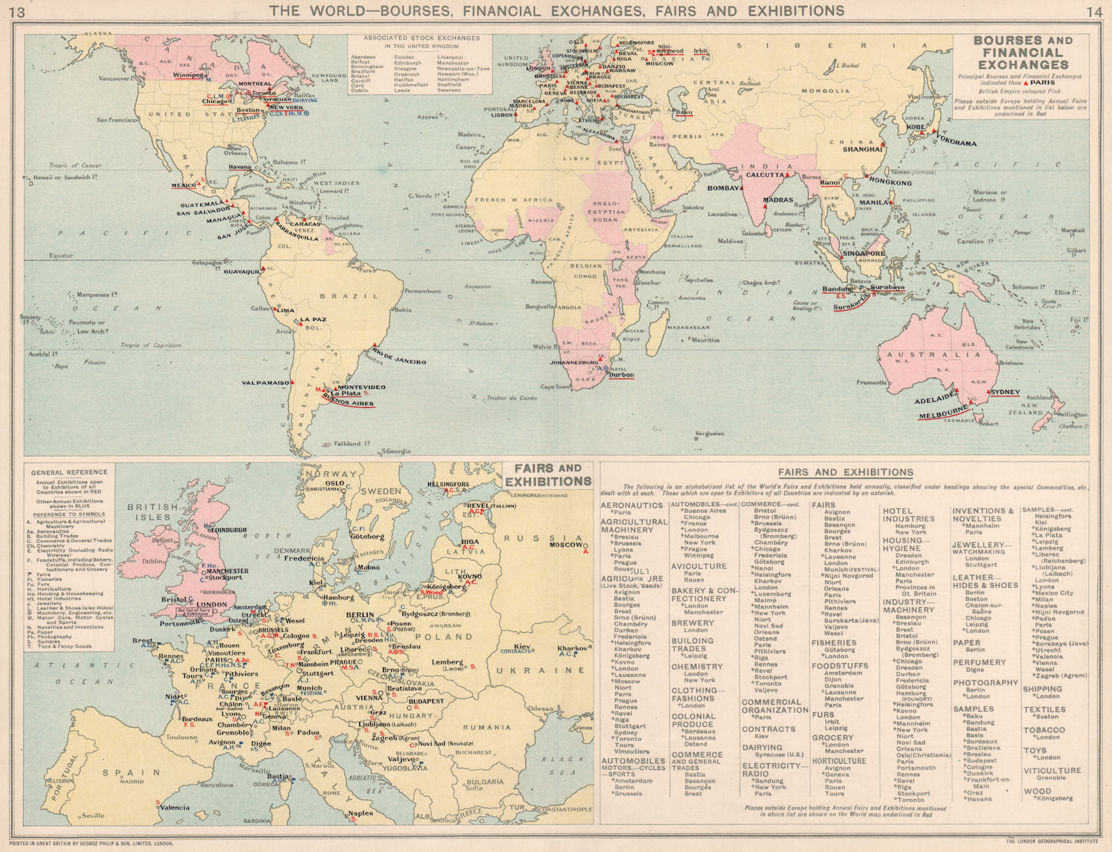The World. Bourses, Stock & Financial Exchanges, Fairs & Exhibitions 1925 map