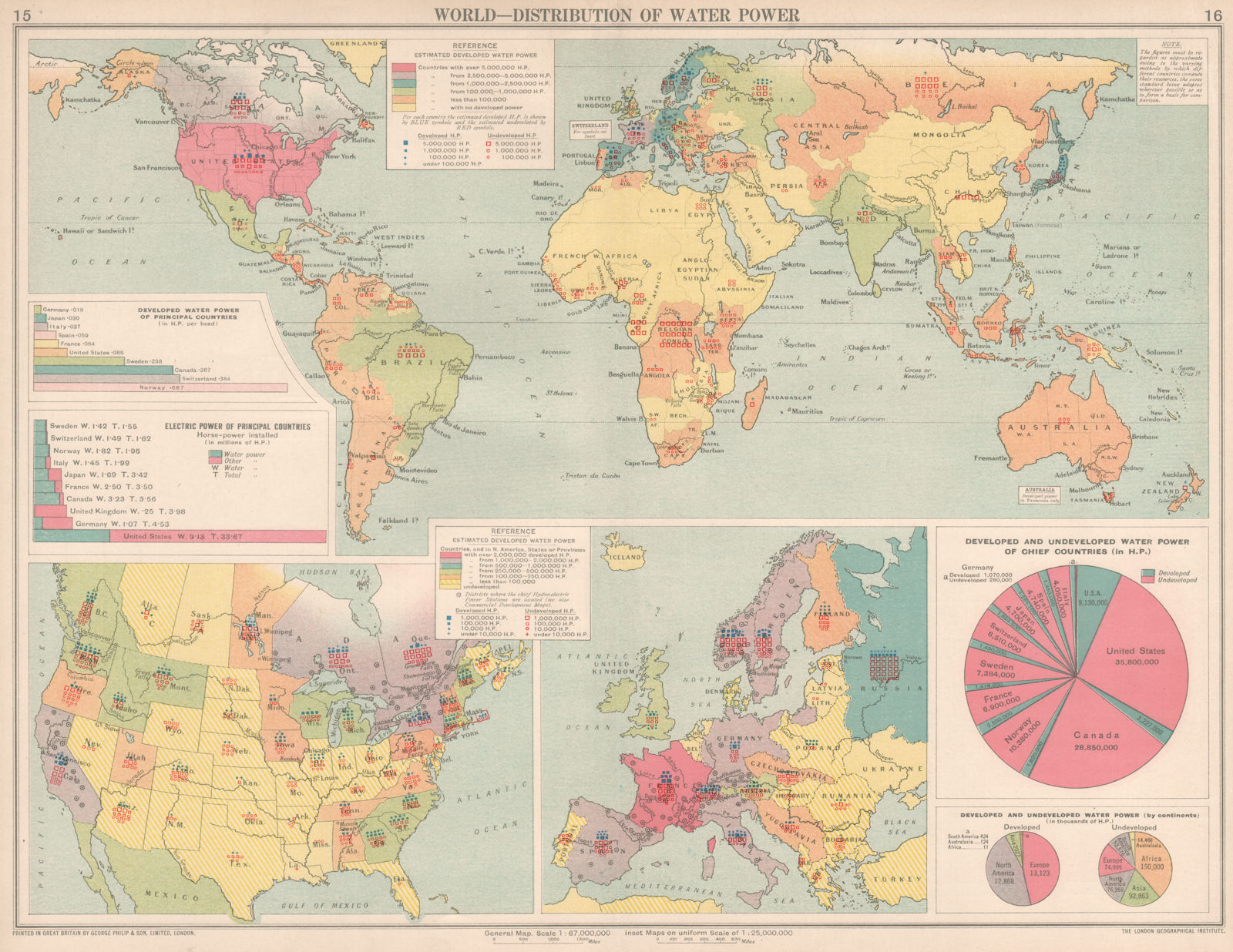 Associate Product World. Distribution of water power. Hydroelectric 1925 old vintage map chart